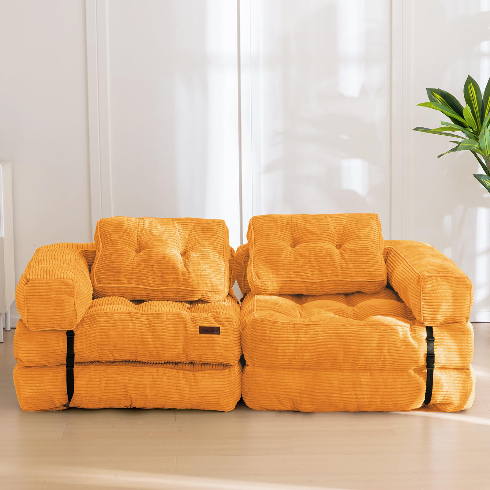 MAXYOYO L-Shaped Convertible Sofa Bed - Foldable Sleeper Sofa with Armrests in Orange | Space-Saving Furniture for Small Apartments, Guest Rooms & Home Offices