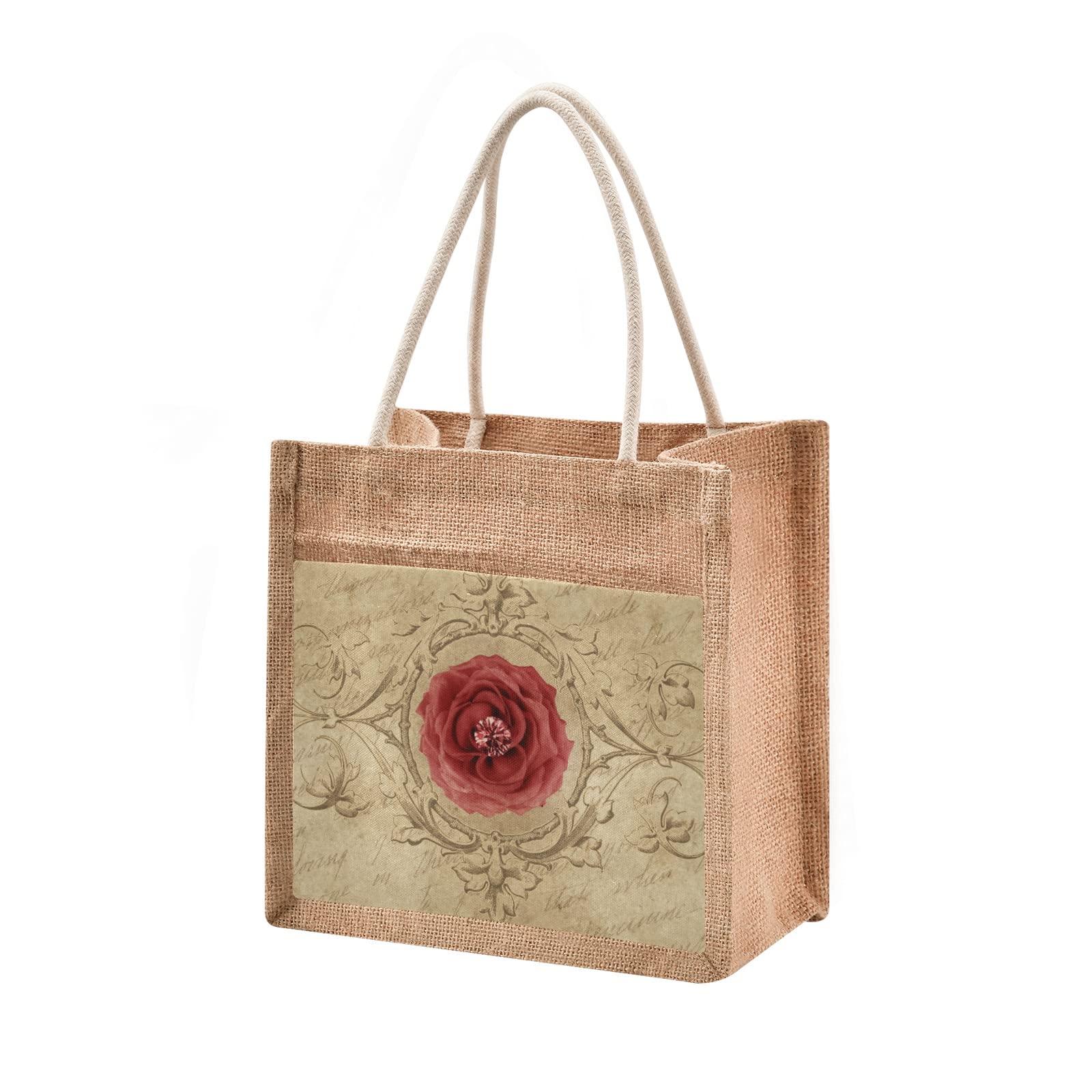 Linqin Rose Jute Tote Bag - Waterproof Eco-Friendly Grocery Shopping Bag with Sturdy Handles for Women | Perfect for Beach, Travel, Wedding & Daily Use