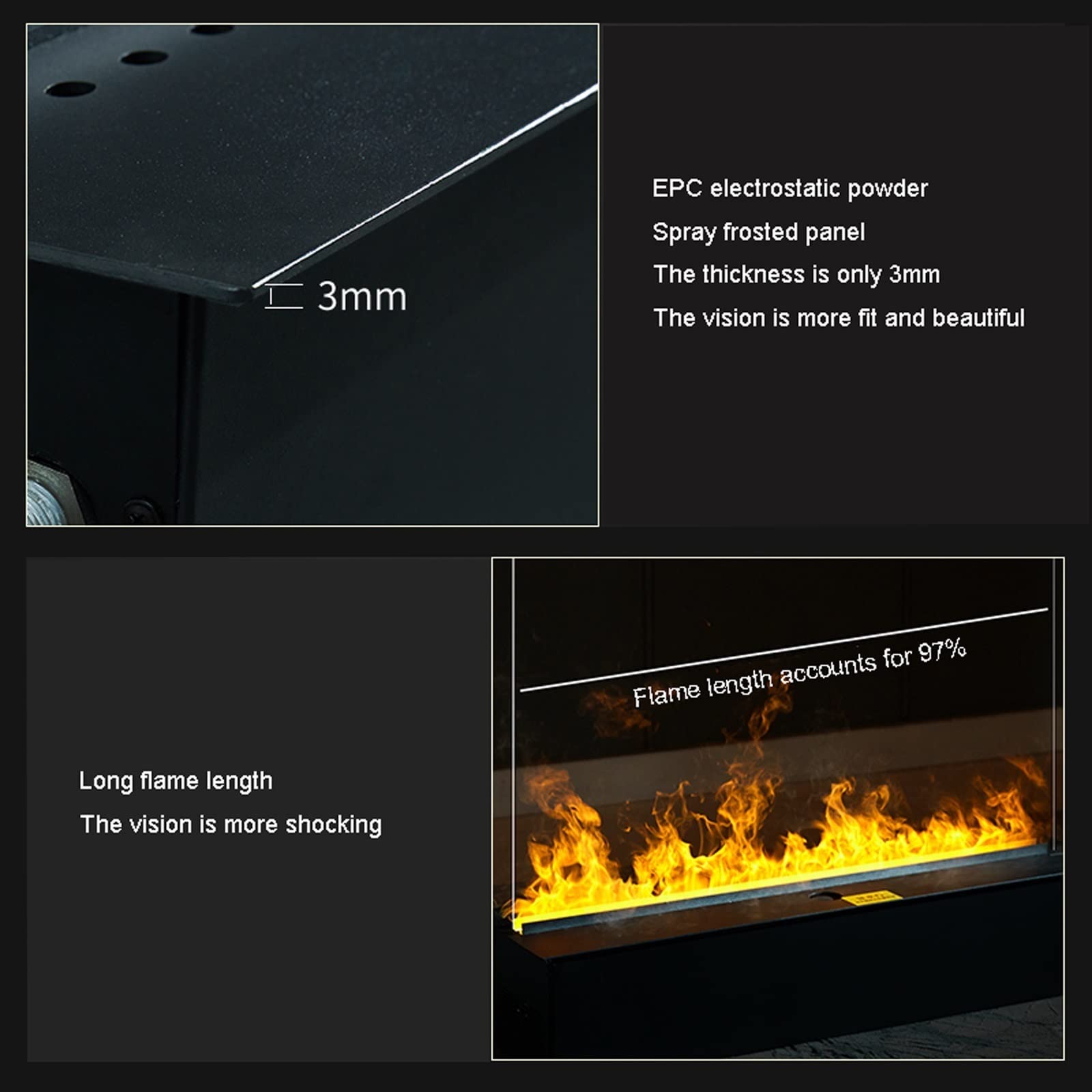 3D Simulation Electric Fireplace with Water Vapor Flame - Adjustable Flame Size & LED Light - Recessed Wall Mount Stainless Steel Frame - Perfect for Living Room, Bedroom & Office Heating & Decor