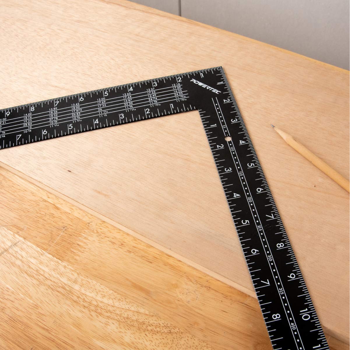 POWERTEC 16 x 24 Inch Steel Framing Square with Rafter Tables - Professional Carpenter Square Tool for Woodworking, Construction & DIY Projects - Perfect for Framing, Measuring Right Angles & Roofing Work