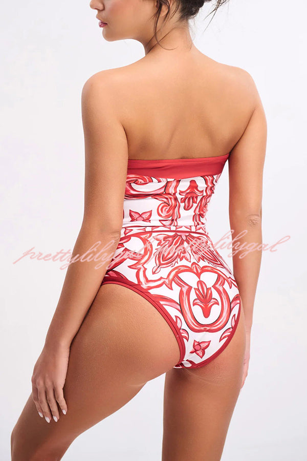 Summer Lovin Unique Royal Print Strapless One Piece Swimsuit with Pareo - Stretchy Bathing Suit for Women, Beach Vacation & Pool Party Outfit