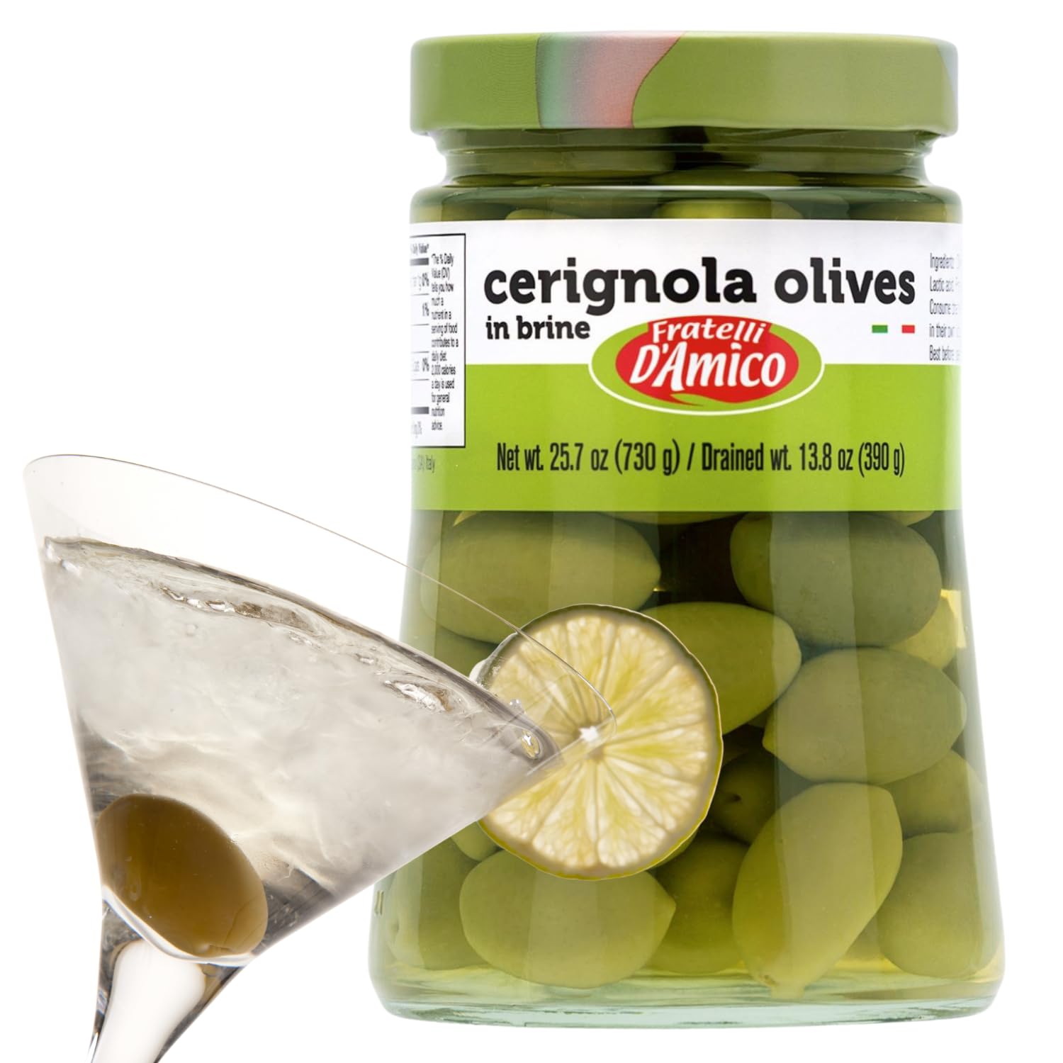 Fratelli D'Amico - Cerignola Green Olives in Brine, 25.7 oz (730g) Family Size Jar | Non-GMO, Italian Imported Olives | Perfect for Salads, Charcuterie Boards & Mediterranean Recipes