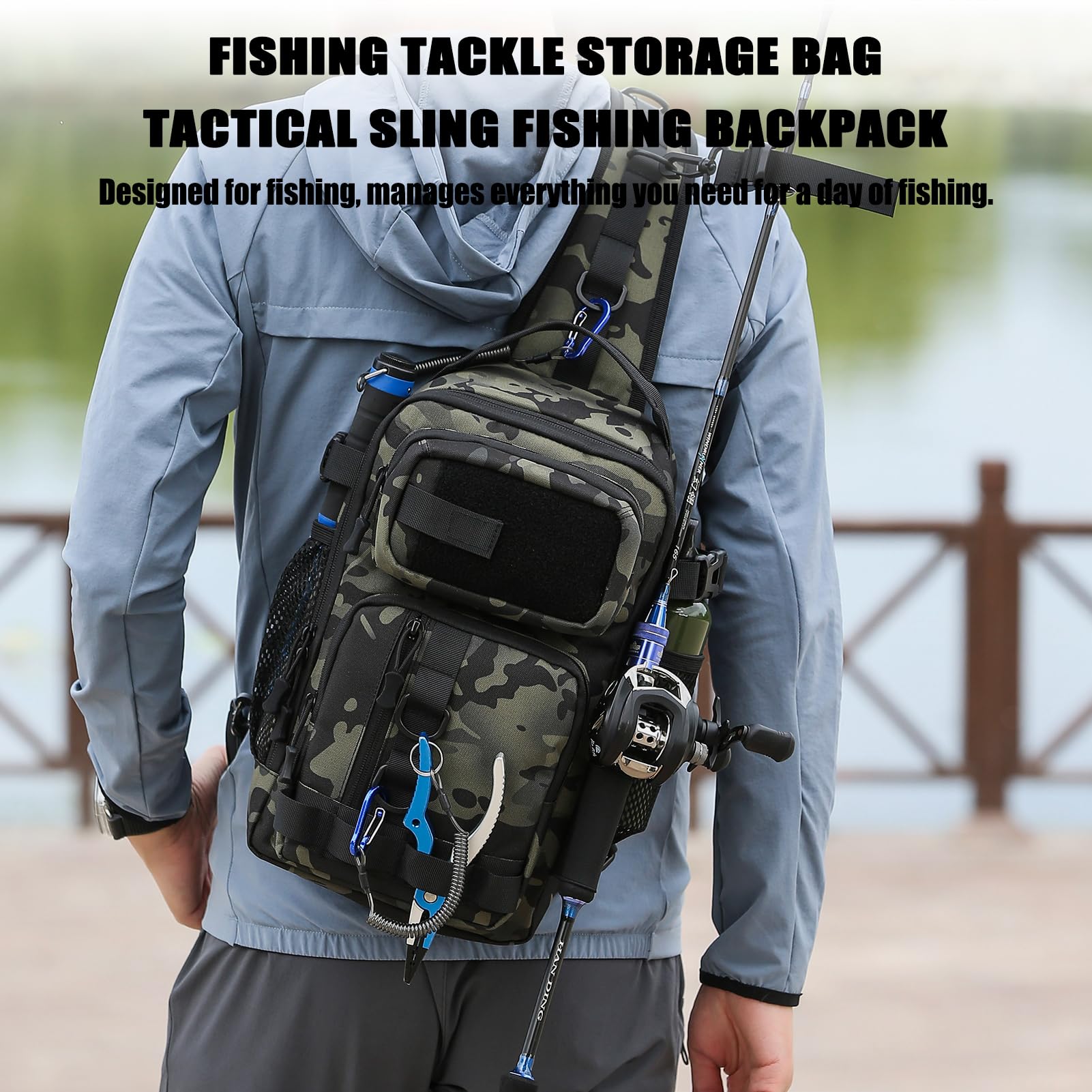 **Tactical Fishing Backpack Sling – Lightweight Shoulder Tackle Bag for Fishing Gear Storage with US Flag Patch & Fishing Pliers – Gray Camo (1 Pack) – Perfect for Outdoor Fishing, Camping & Hiking**