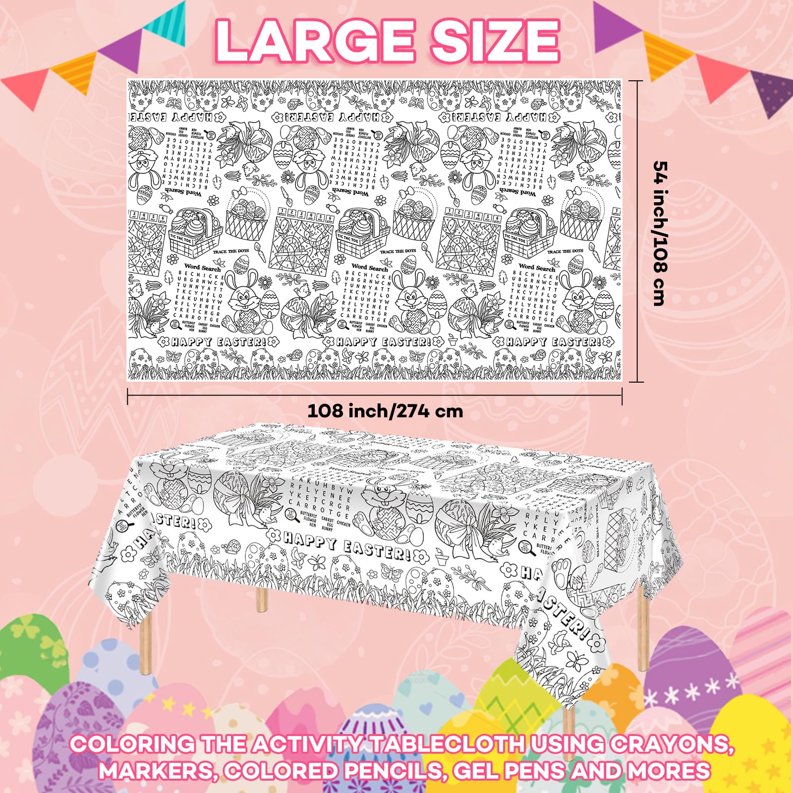 Happy Easter Coloring Tablecloth for Kids - Giant 54 x 108 Inch Easter Bunny Activity Table Cover | Spring Party Decorations, DIY Crafts & Easter Egg Hunt Supplies | Perfect for Classroom Activities & Family Gatherings