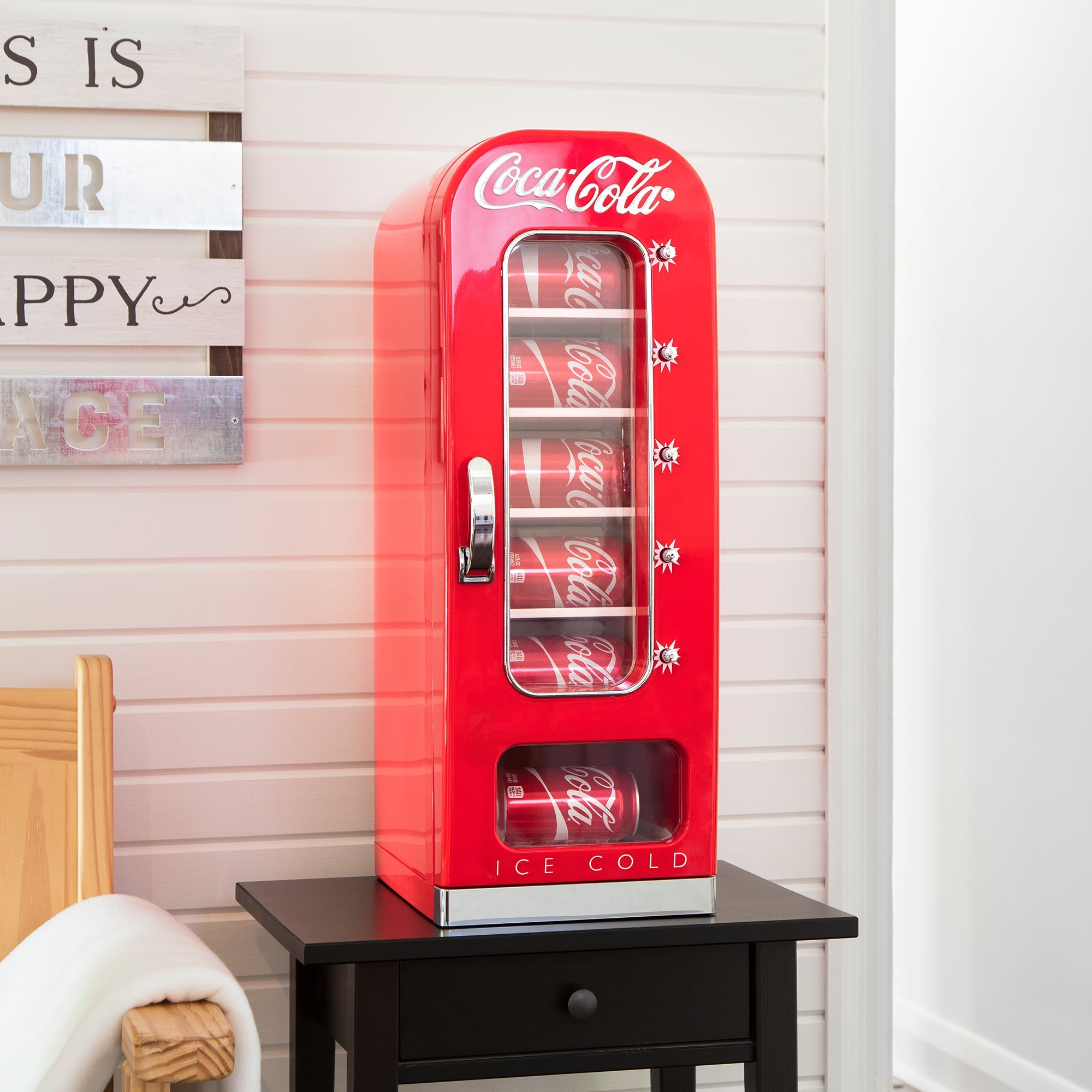 Mini Coca Cola Vending Machine Fridge - 10 Can Cooler with Display Window & Push Button Dispenser, 12V DC/110V AC Portable Beverage Cooler for Home, Office, Dorm, Car, RV - Perfect for Soft Drinks, Beer & Energy Drinks (Red)