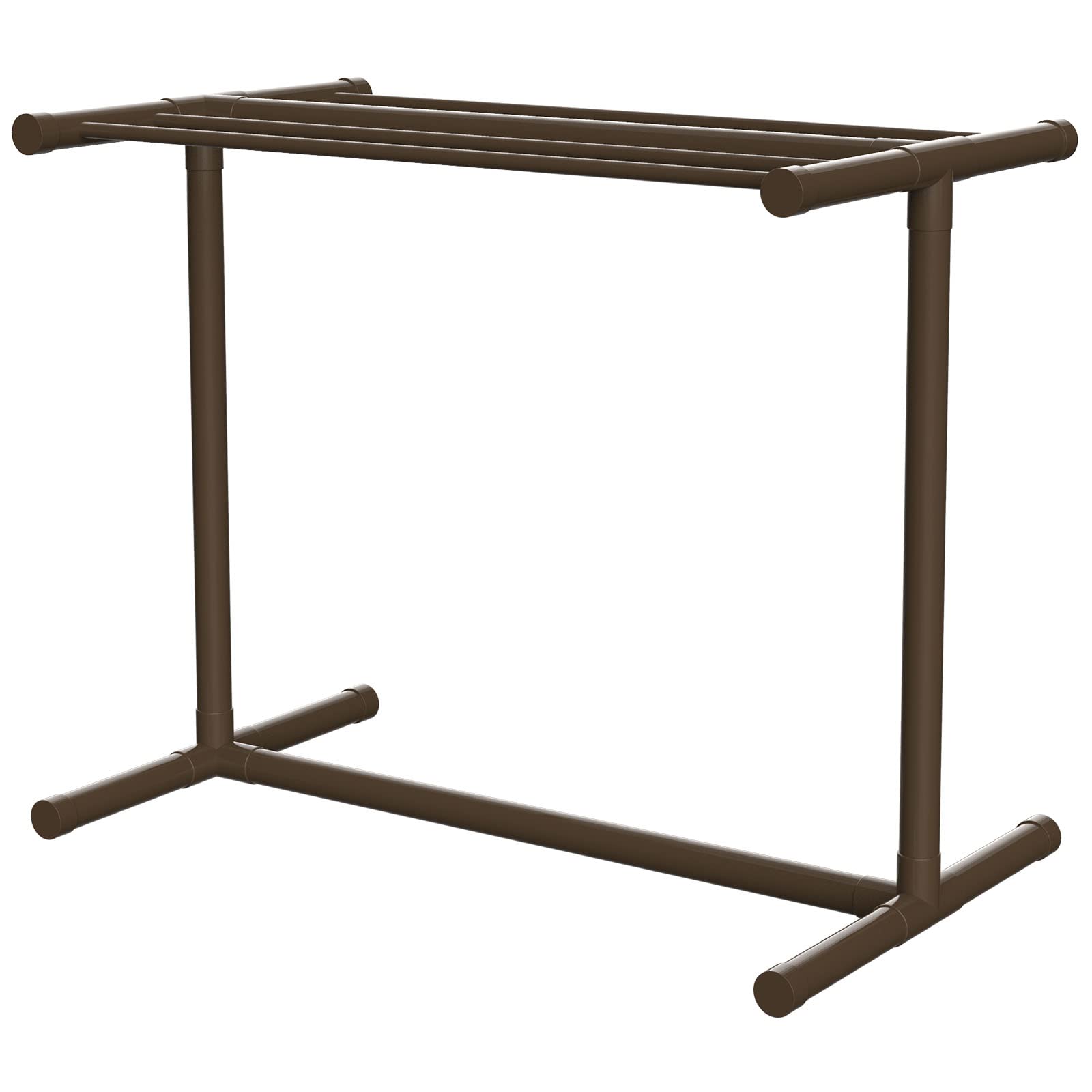 VEVOR 5-Bar Freestanding Pool Towel Rack - Brown Outdoor PVC T-Shape Storage Organizer with 8 Towel Clips, Mesh Bag & Hook - Holds Swim Towels, Pool Floats & Paddles - Perfect for Beach, Swimming Pool & Backyard Use
