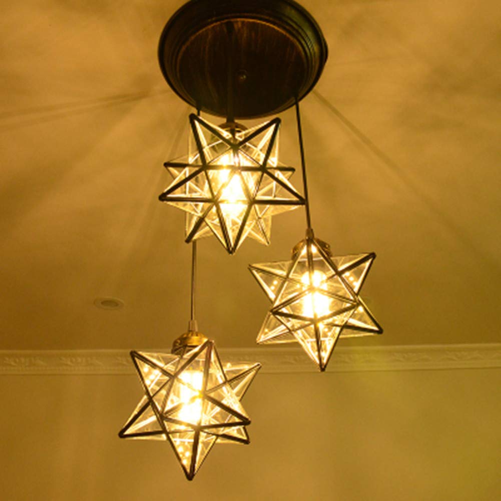 Teimi&Ritou 3-Light Round Base Moravian Star Chandelier - Iron Art Pendant Lamp with Transparent Glass for Dining Room, Living Room, Bedroom Lighting