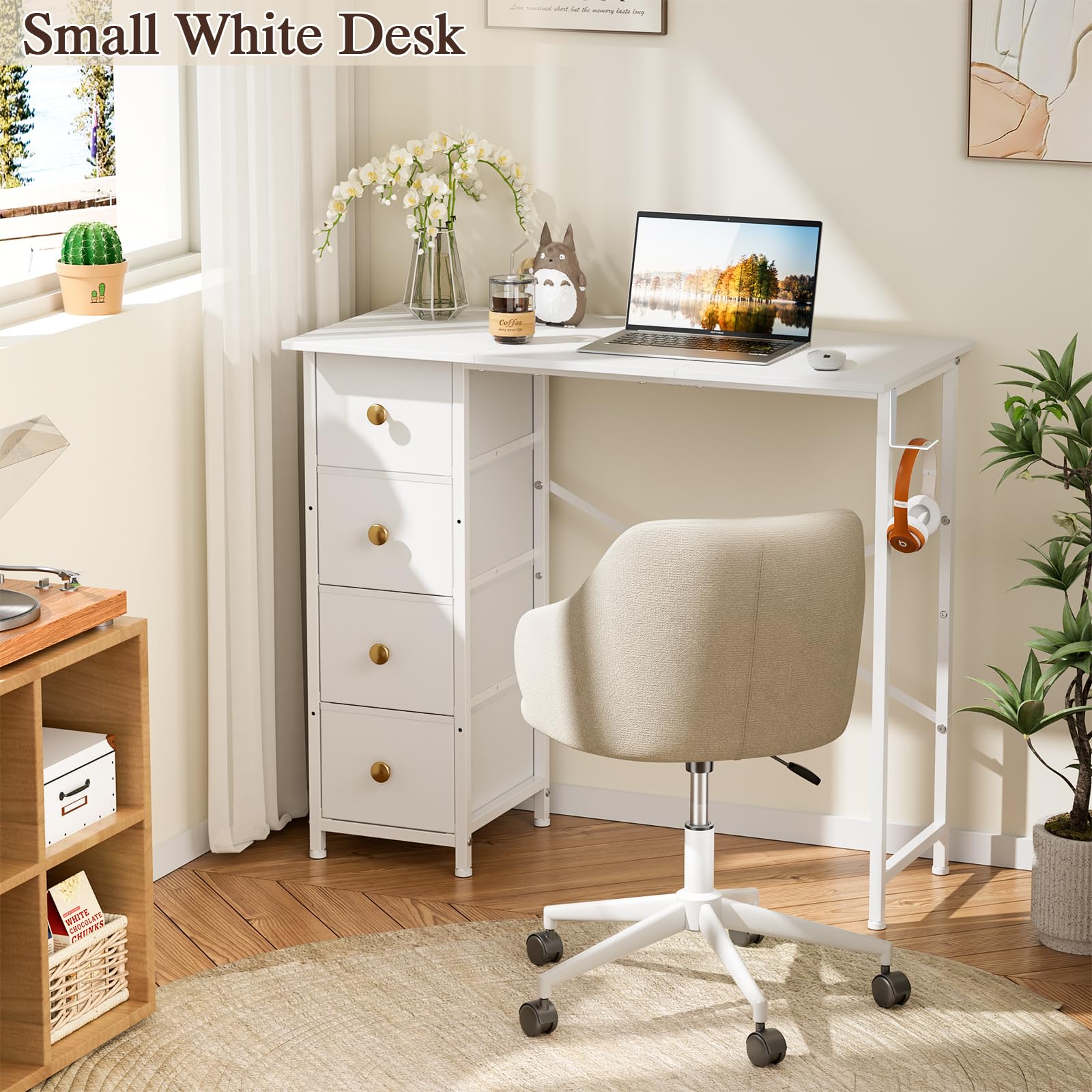 Vanity Desk No Mirror, Small Makeup Vanity Table with 4 Fabric Drawers, White Dressing Table for Small Spaces - 35.4 Inch Girls Bedroom Makeup Desk with Iron Hook | Perfect for Compact Bedrooms, Dorm Rooms & Apartment Decor