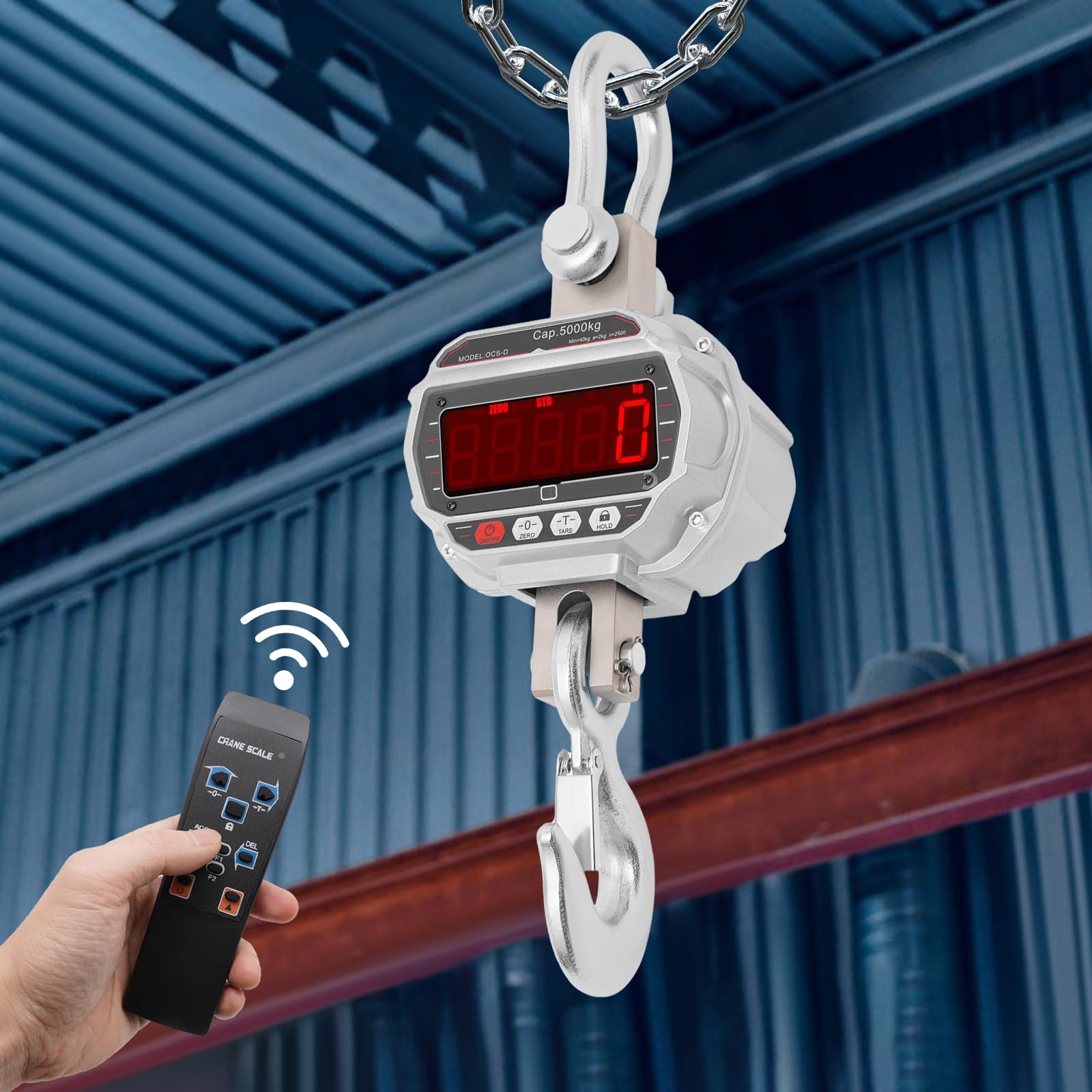 5000kg/11023lbs Digital Crane Scale with Remote Control - Heavy Duty Industrial Hanging Scale with Snap-on Hook for Factory & Construction (9.53x7.4x23.62in, Silver Grey) - Perfect for Lifting, Weighing & Material Handling in Warehouses, Shipyards & Manufacturing Plants