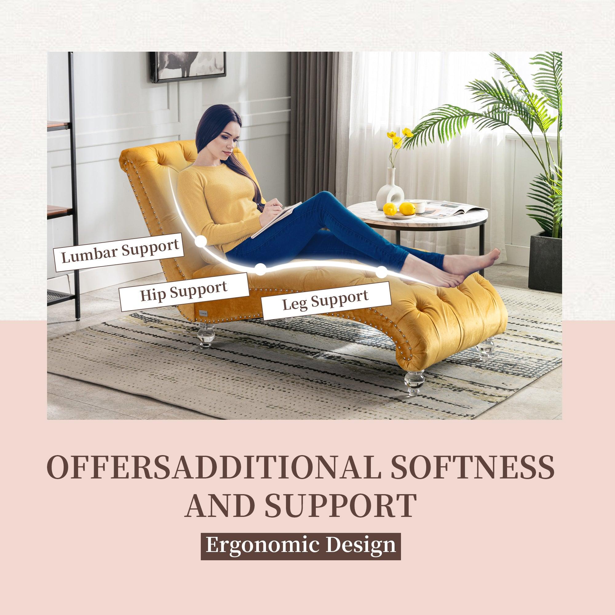 COOMORE Velvet Chaise Lounge Chair - Button Tufted Upholstered Sofa with Pillow, Mustard Velvet for Bedroom, Living Room & Office | Perfect for Reading Nook, Lounge Area & Home Decor