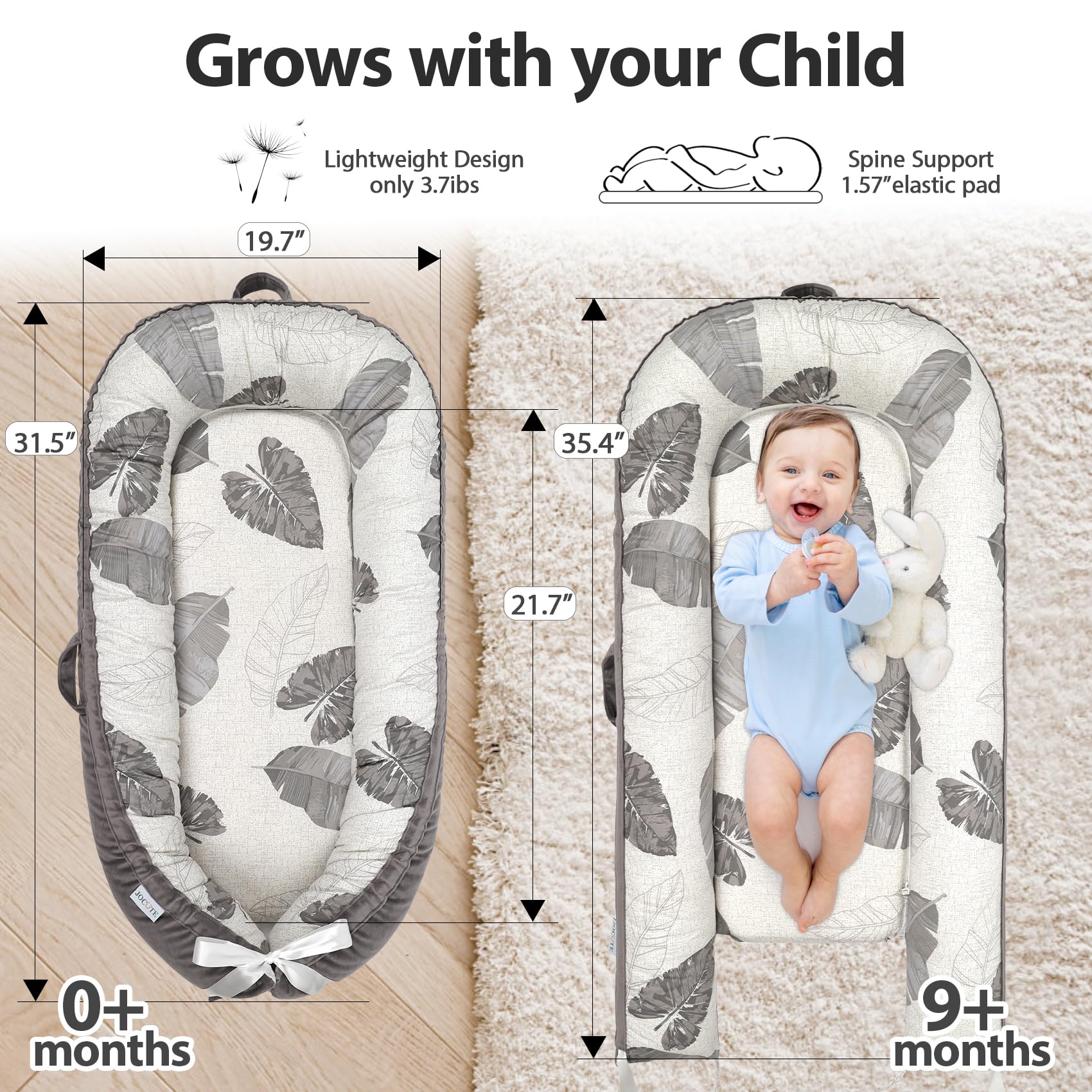 Premium Baby Lounger for Newborns 0-24 Months - Soft Infant Lounger with Breathable Cover | Essential Baby Gift for Nursery, Travel & Playtime | Lightweight Grey Leaves Design (Perfect for Cuddling, Napping & Tummy Time)