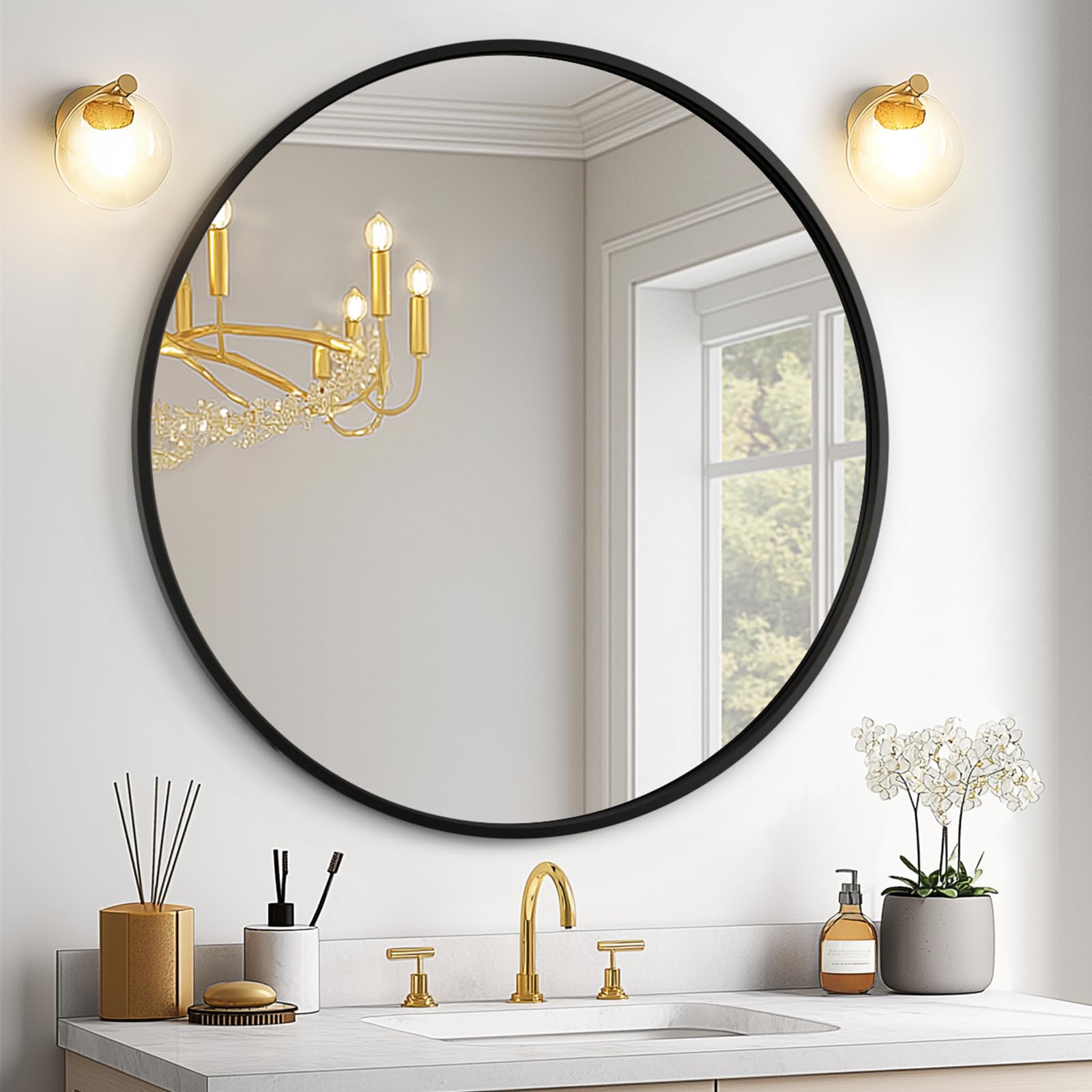 24-inch Black Round Bathroom Mirror with Metal Frame - Modern Over Sink Vanity Mirror for Bathroom, Entryway & Living Room - Perfect for Makeup, Shaving & Home Decor