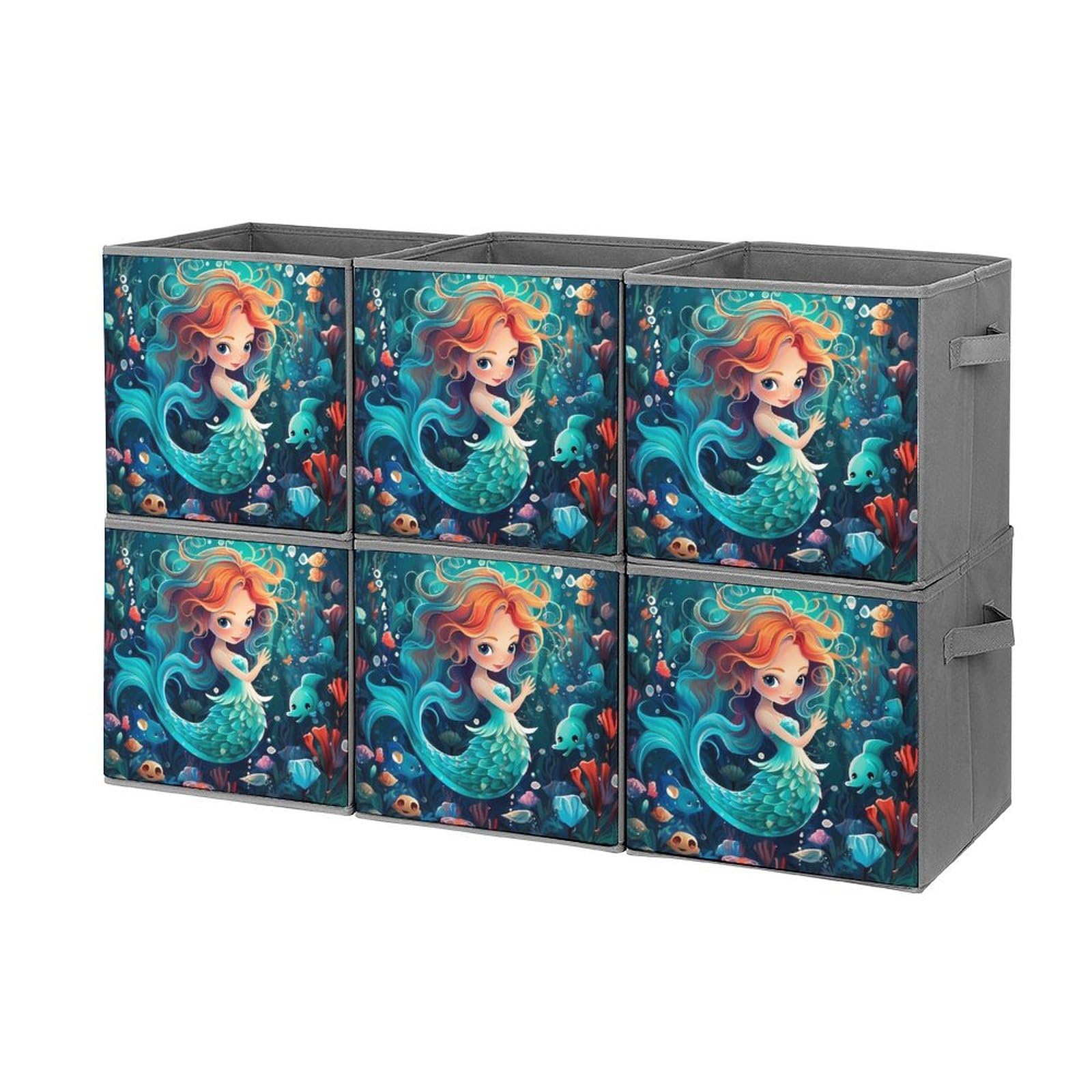 **Cute Mermaid Foldable Storage Bins & Organizers - 6-Pack Square Storage Baskets with Handles for Kids Room, Closet, or Playroom Organization**