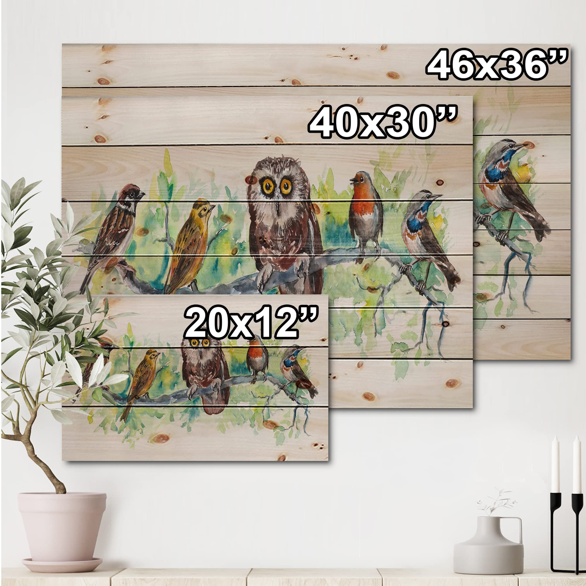 DesignQ Owl on a Branch with Bird Friends - Traditional Wood Wall Decor, Green Wood Wall Art, Large Animal Wood Panels Printed on Natural Pine - Perfect for Living Room, Bedroom & Nursery Decor