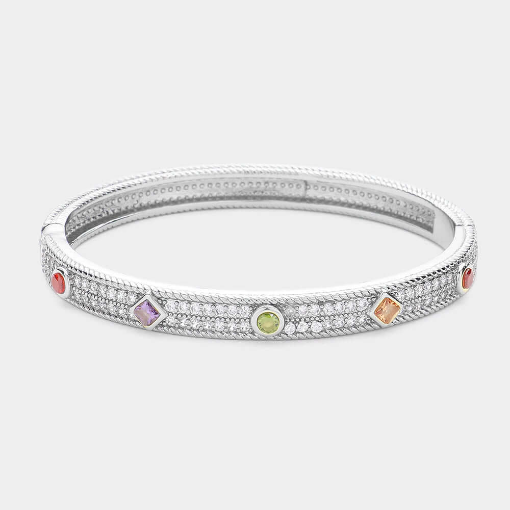 Silver Multi-Colored Stone Rhinestone Hinged Bangle Bracelet - Elegant Jewelry for Parties, Weddings & Special Occasions