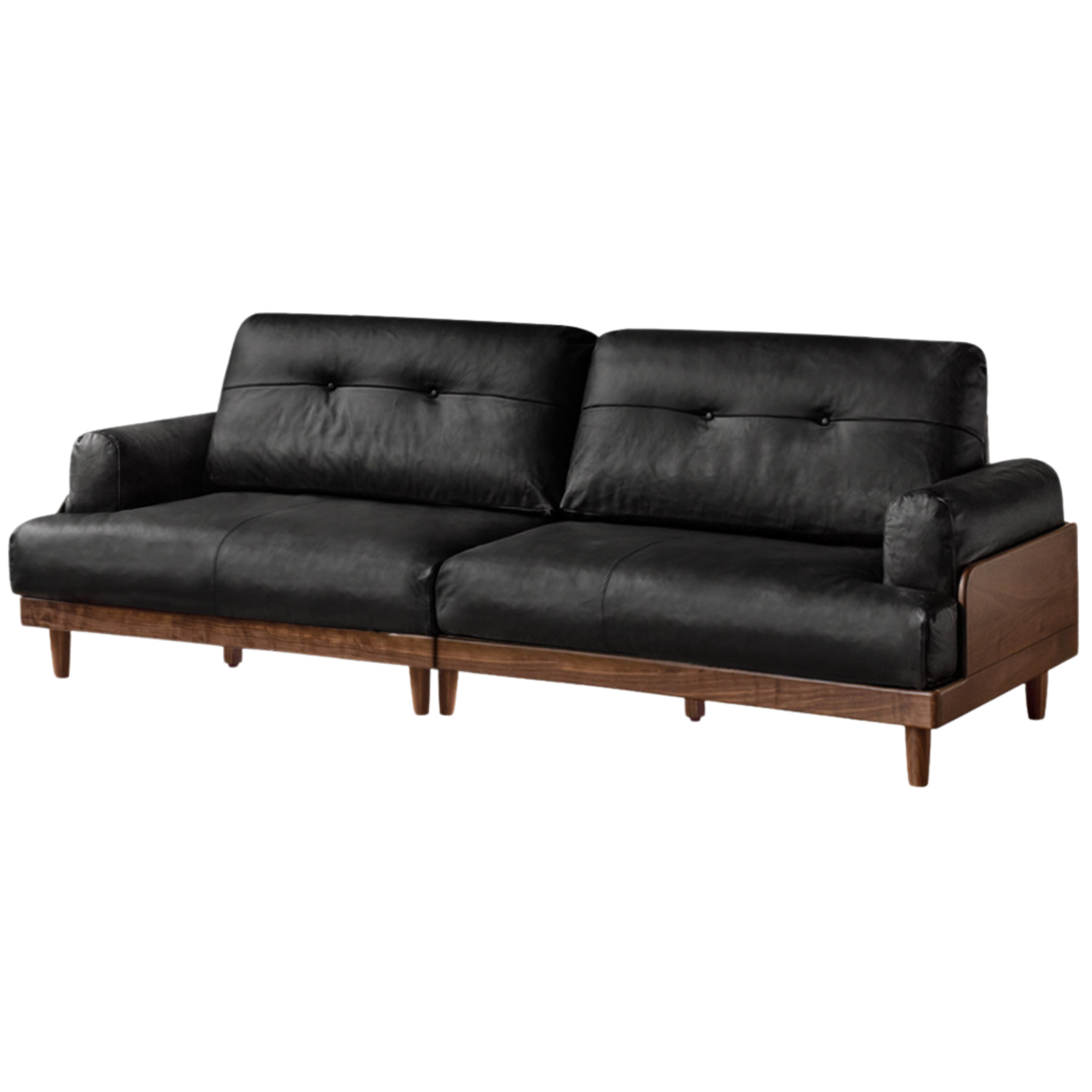 Premium Black Walnut Solid Wood Sofa - Genuine Leather & Fabric Upholstery, Modern Living Room Furniture for Home & Office Comfort