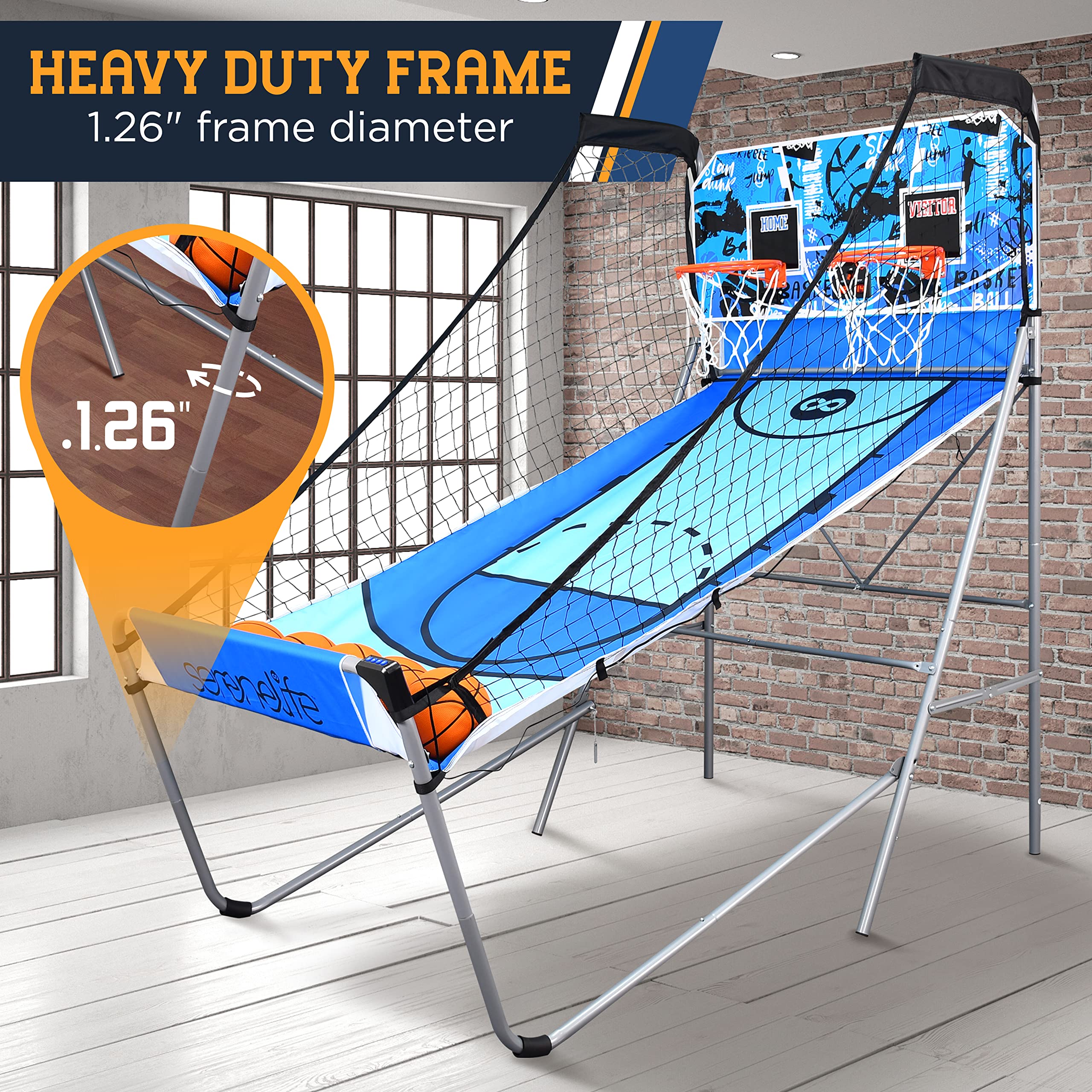 SereneLife Arcade Basketball Game - Indoor Shootout with Heavy Duty Foldable Dual Hoop, Electronic Shot Scoreboard & Play Timer - Pre-Assembled Frame for Home, Office & Game Room Fun