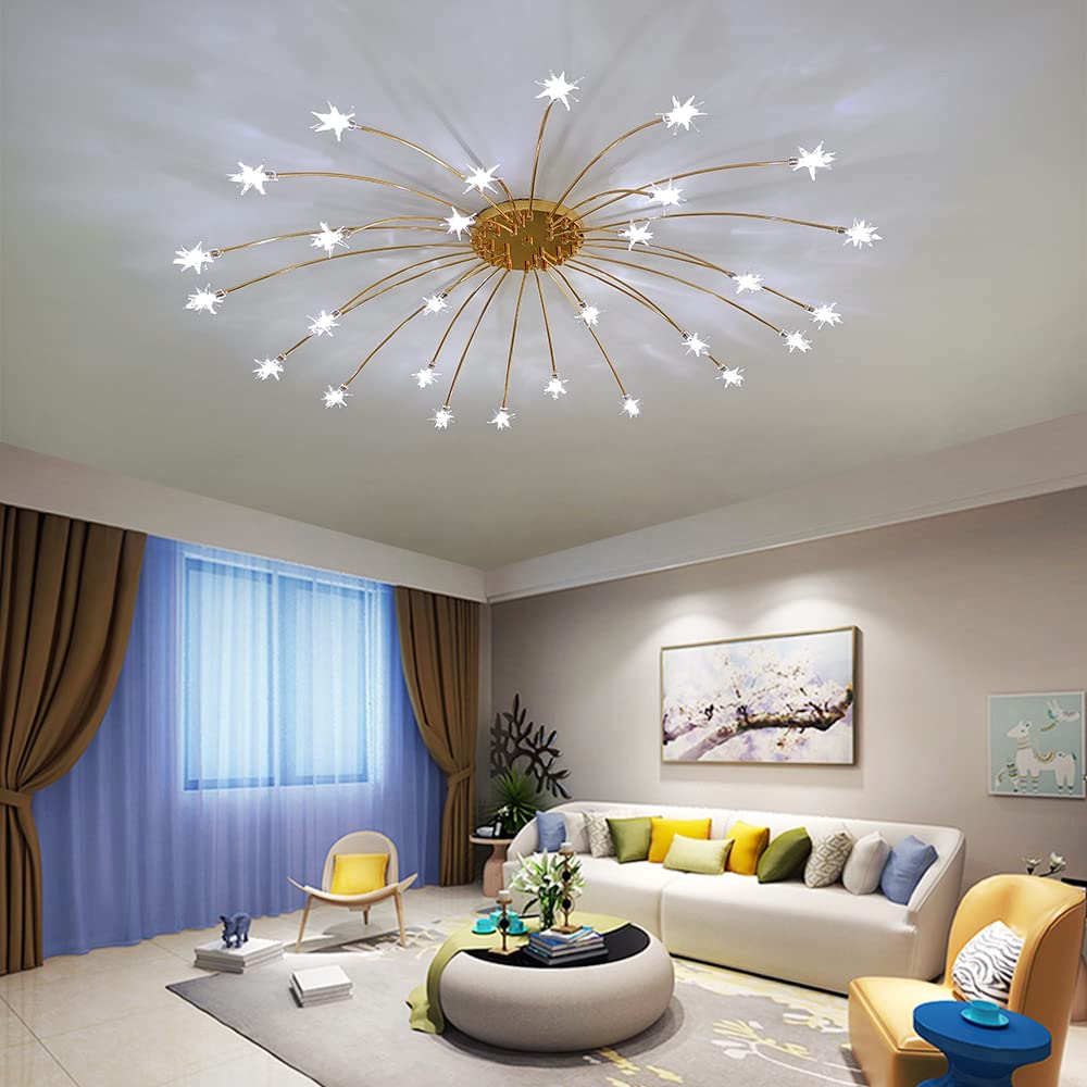 Starry Gold Glass Chandelier LED Ceiling Light - Modern Pendant Lamp for Living Room, Bedroom, Dining Room & Hallway - Elegant Lighting Fixture for Home Decor, Wedding & Restaurant Ambiance