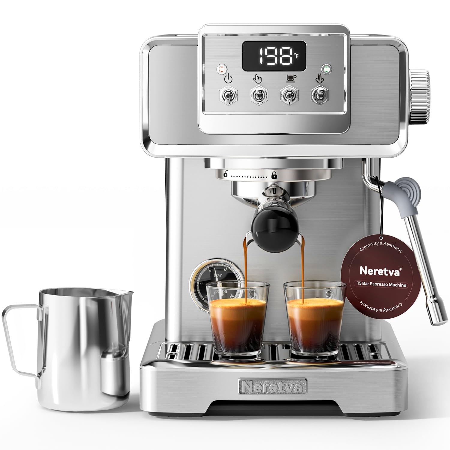 **Neretva 15Bar Espresso Coffee Machine with Pressure Gauge - Stainless Steel Instant Heating Espresso Maker for Home Baristas - Perfect for Lattes & Cappuccinos | Beginner-Friendly Coffee Machine for Home & Office Use**