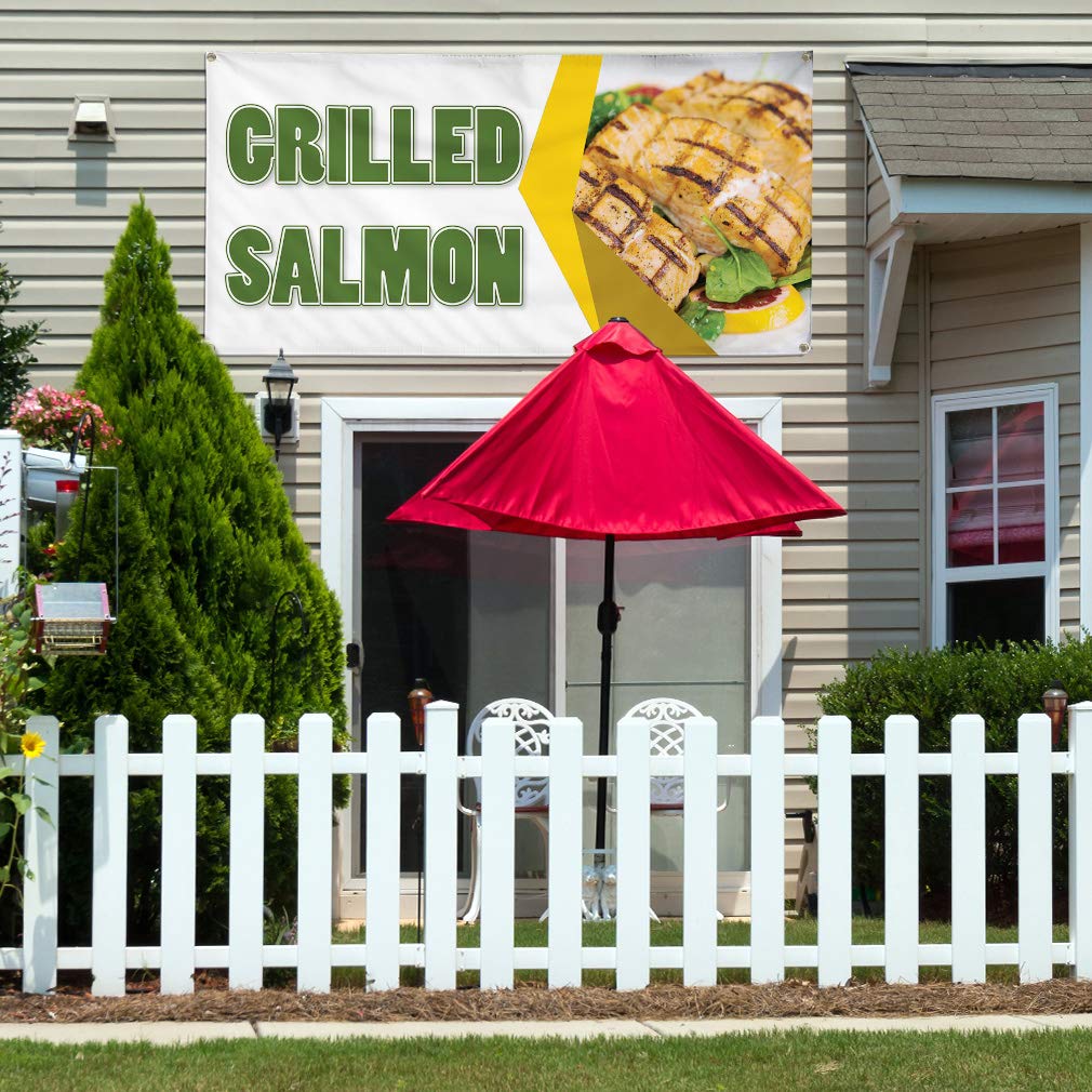 Durable 48x96 Inches Vinyl Banner with 8 Grommets - Waterproof Outdoor Advertising Sign for Restaurants, Grilled Salmon Promotion & Industrial Yard Use - Perfect for Food Trucks, Events & Weatherproof Business Displays