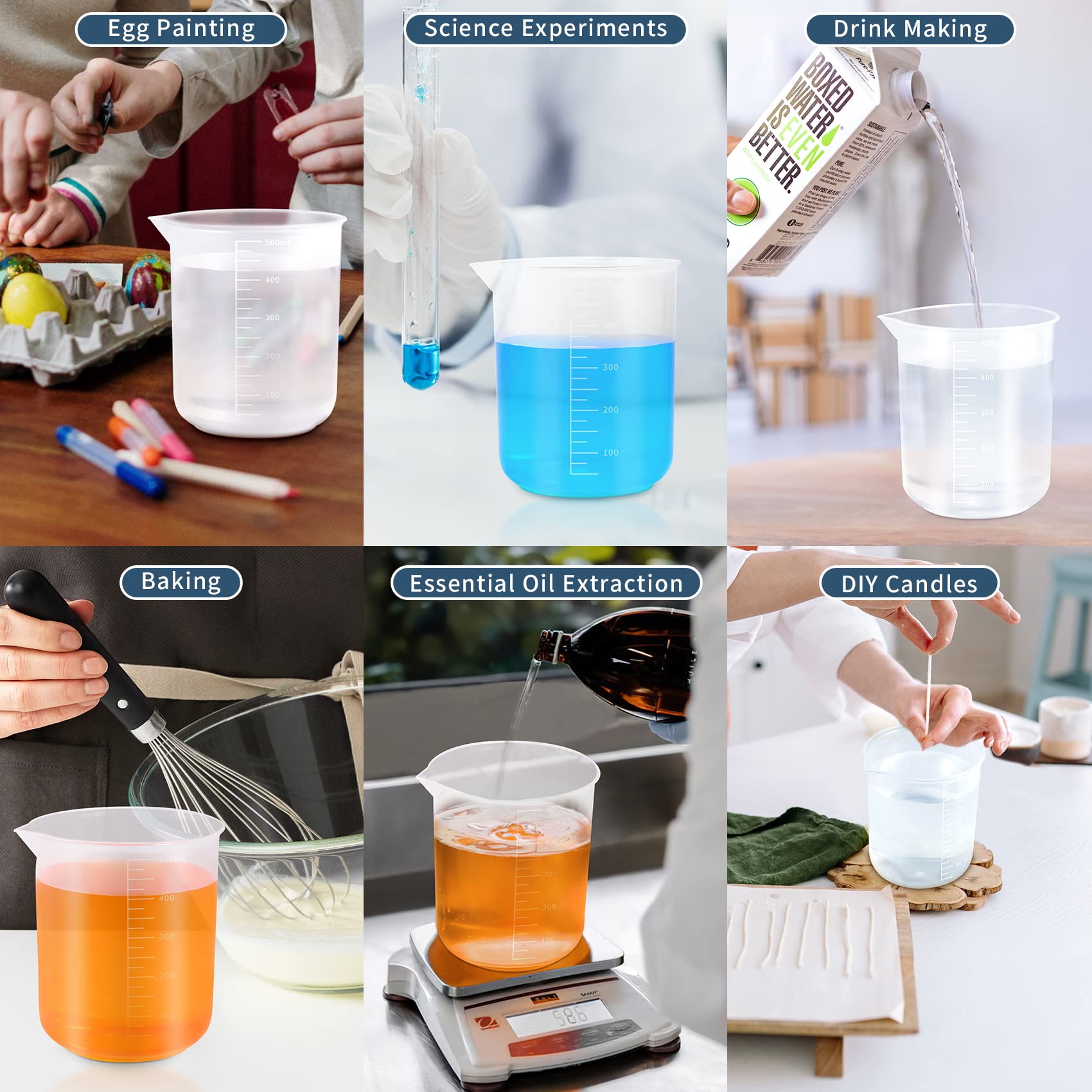 Annhua 6-Piece Plastic Measuring Cups Set - Durable Resin Mixing Cups & Lab Beakers (25ML, 50ML, 100ML, 200ML, 300ML, 500ML) for Baking, Cooking, Science Experiments & DIY Crafts