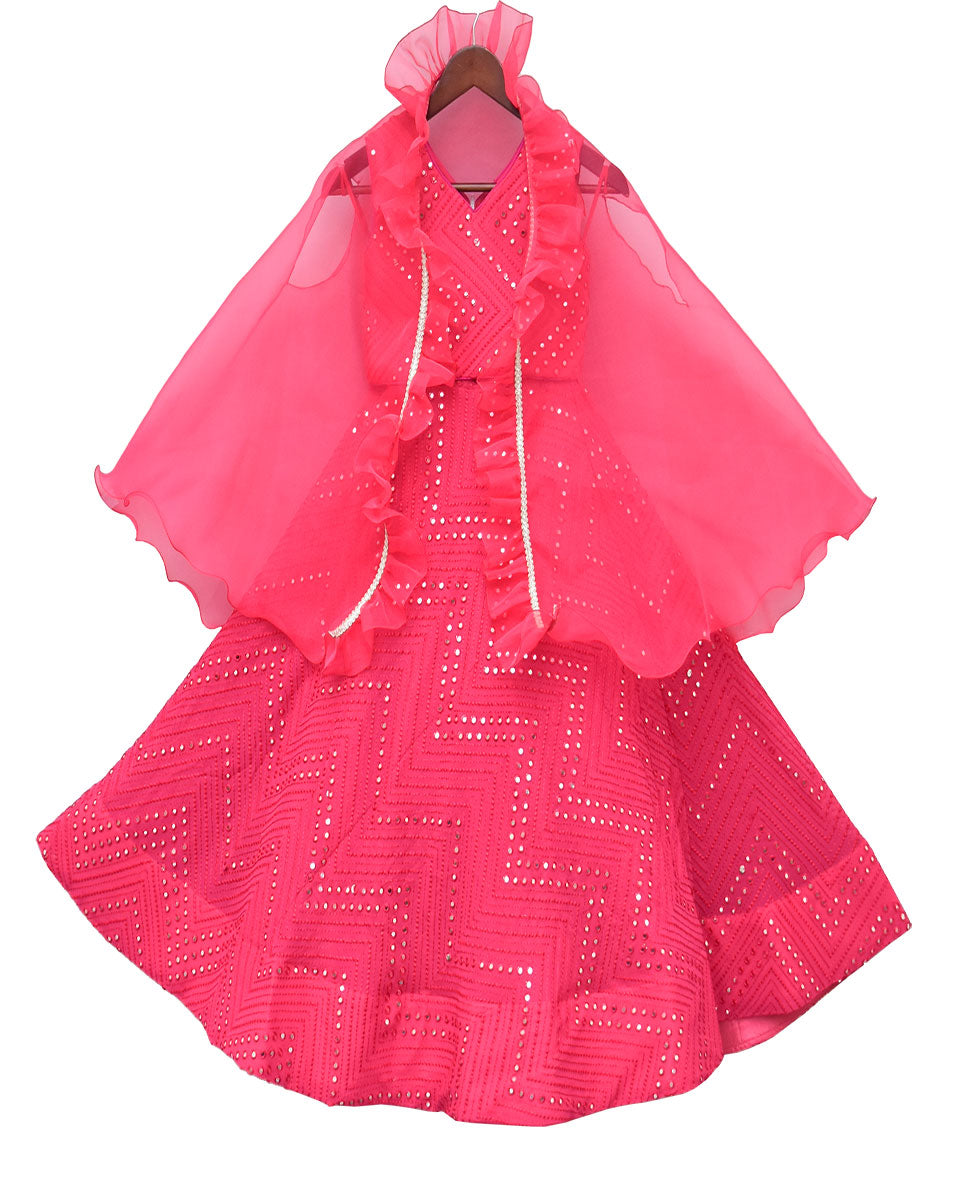 Pre Order: Hot Pink Embroidered Choli with Lehenga & Cape - Perfect for Indian Weddings, Festivals & Cultural Events