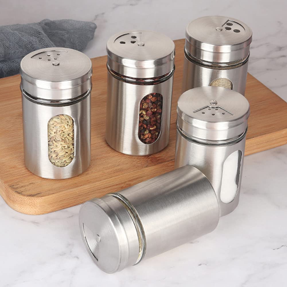 2-Pack Stainless Steel Spice Jars with Glass Lids - Round Condiment Containers for Salt, Pepper, Coffee & Powder Storage - Perfect for Kitchen, Pantry & Cooking Accessories