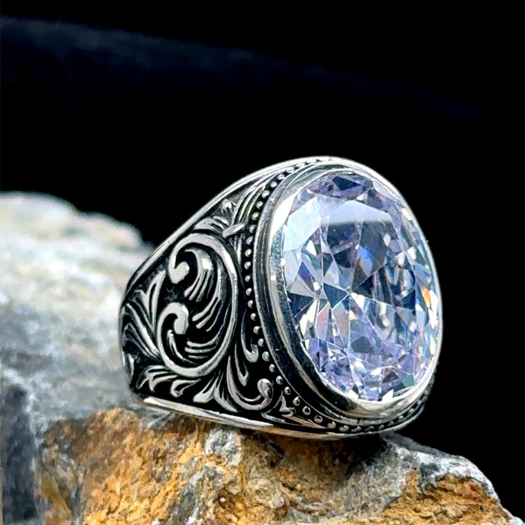 925K Sterling Silver Men's CZ Zircon Diamond Ring - Ottoman Style Unique Jewelry for Men - Perfect Father's Day Gift for Wedding, Anniversary & Special Occasions