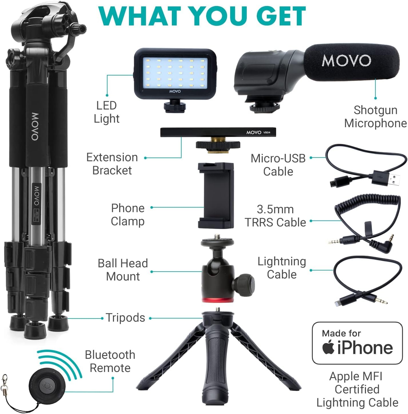 Movo iVlogger Vlogging Kit for iPhone with Full Size Tripod - YouTube Starter Kit with LED Light & Shotgun Mic - Perfect for Content Creators, Travel Vlogging & Live Streaming