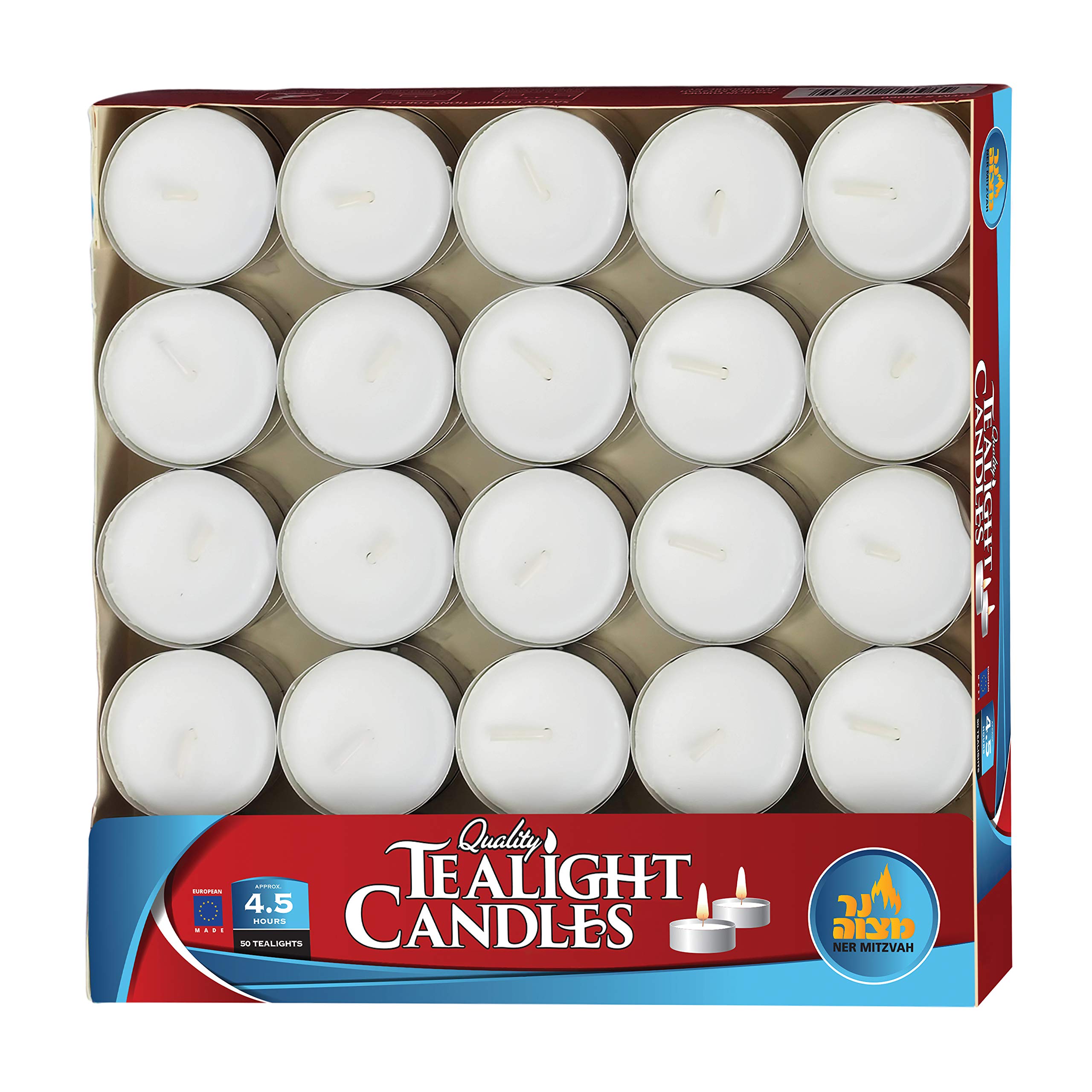Ner Mitzvah Tea Light Candles - Unscented Bulk Pack of 50, 4.5 Hour Burn Time, Pressed Wax Decorative Candles for Travel, Centerpieces & Home Decor - Perfect for Weddings, Holidays & Jewish Ceremonies