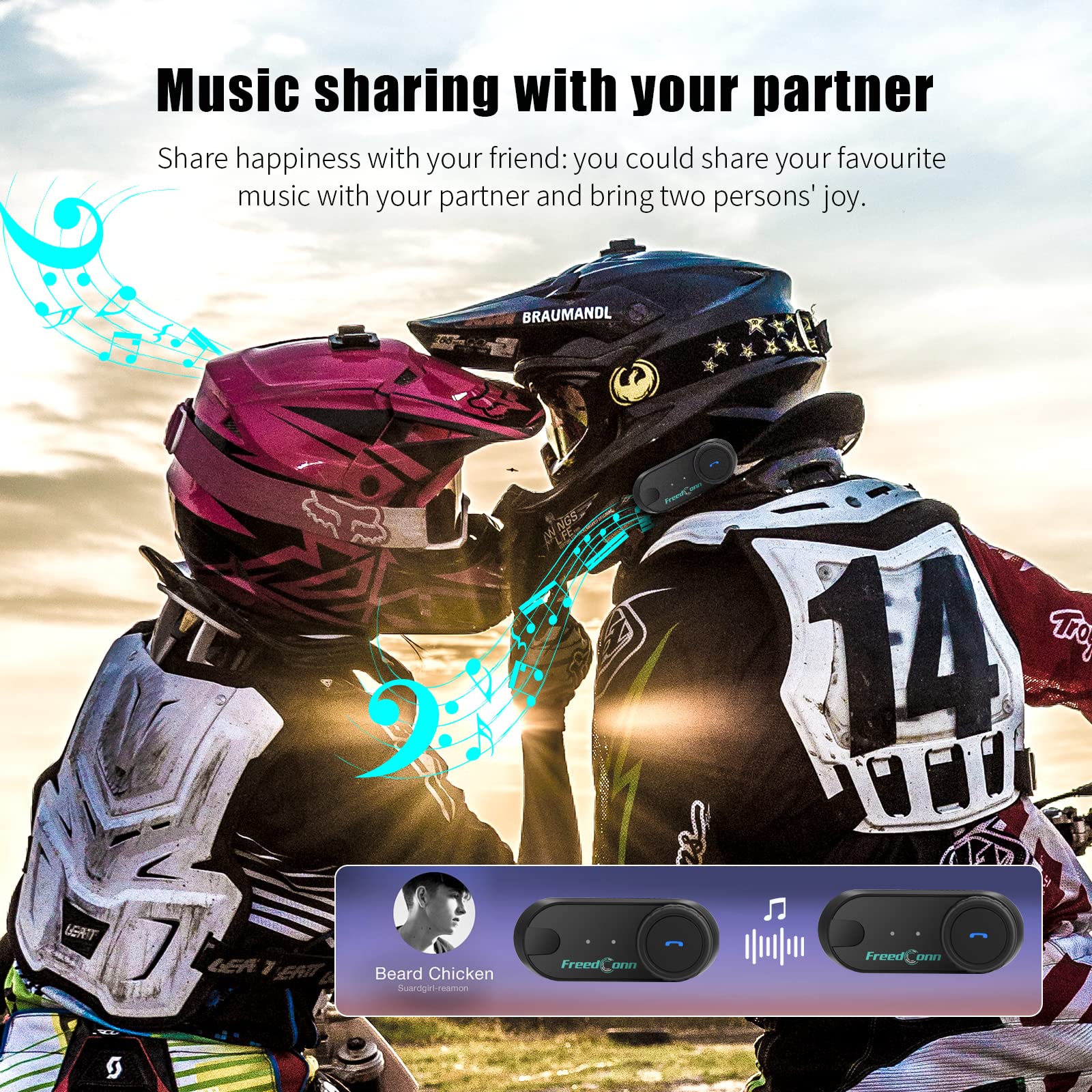 FreedConn TCOM VB Motorcycle Bluetooth Headset - Helmet Communication System with Music Sharing, Universal Pairing & 800M Range for 2-3 Riders (2 Pack) - Perfect for Group Rides, Touring & Adventure Motorcycling