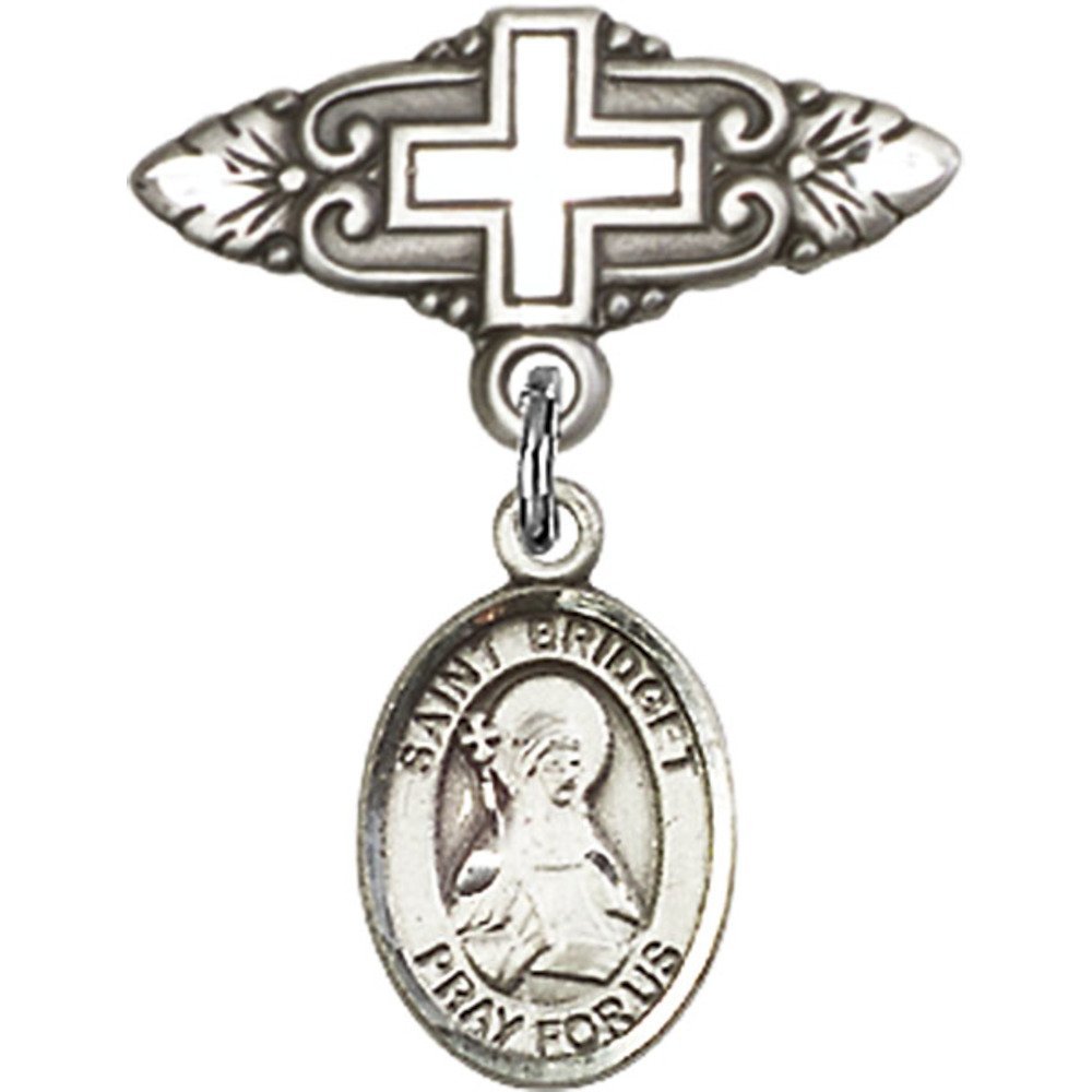St. Bridget of Sweden Sterling Silver Baby Badge Charm with Cross - 1 X 3/4 Inch Religious Pin for Christening, Baptism & First Communion Gifts