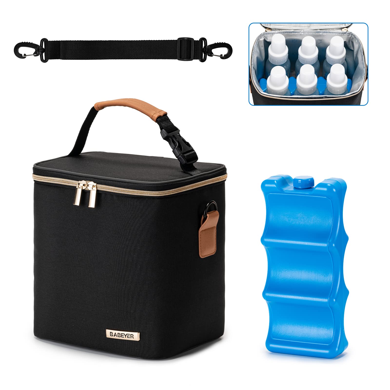 Premium Insulated Breastmilk Cooler Bag with Ice Pack - Holds 6 Baby Bottles (Up to 9oz) - Convenient Shoulder Strap for Nursing Moms - Perfect for Daycare, Work & Travel - Black