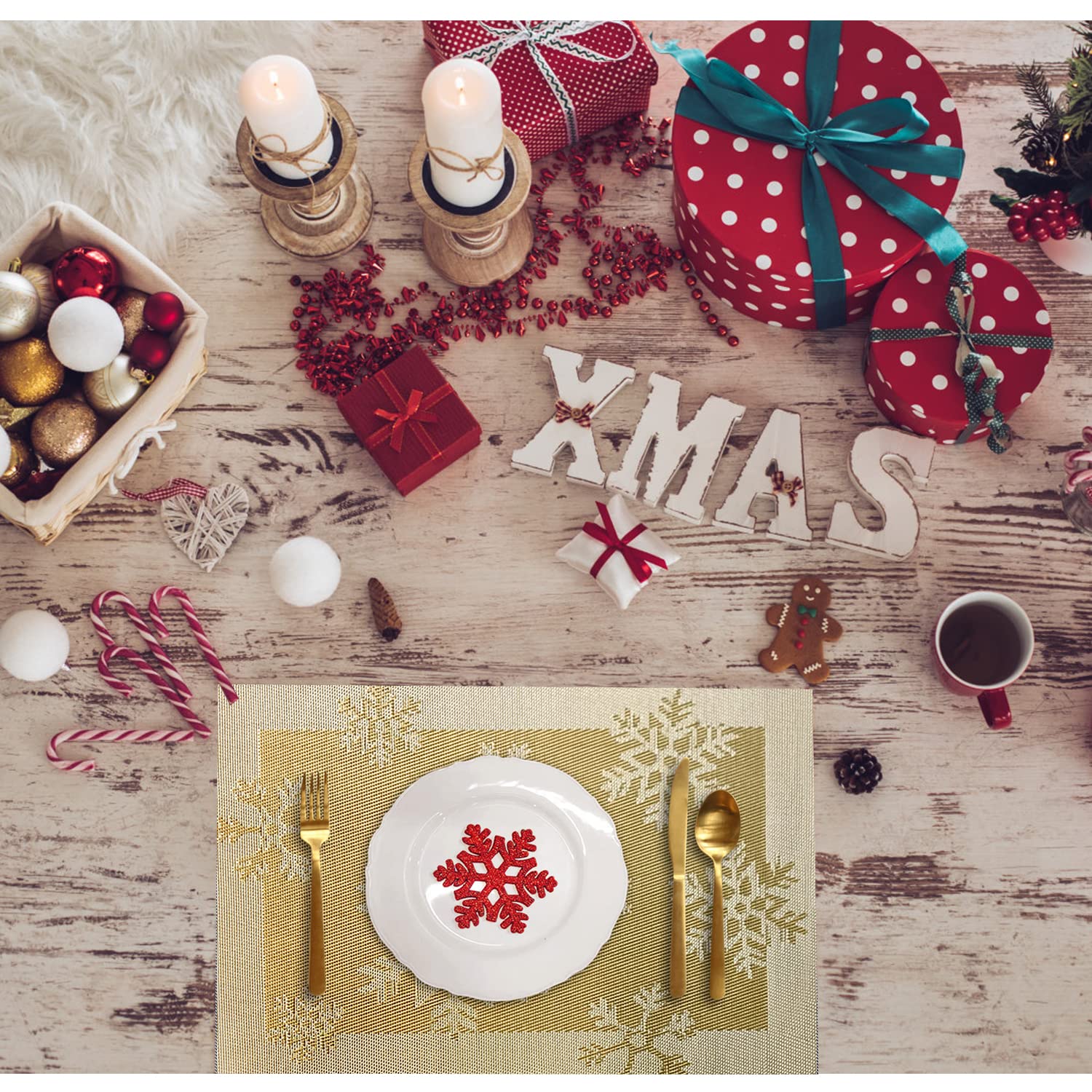 6-Piece Christmas Woven Vinyl Non-Slip Placemats Set - Washable & Anti-Skid Table Mats for Kitchen Dining, Holiday Decor (Snow Gold) | Perfect for Festive Dinner Parties & Family Gatherings