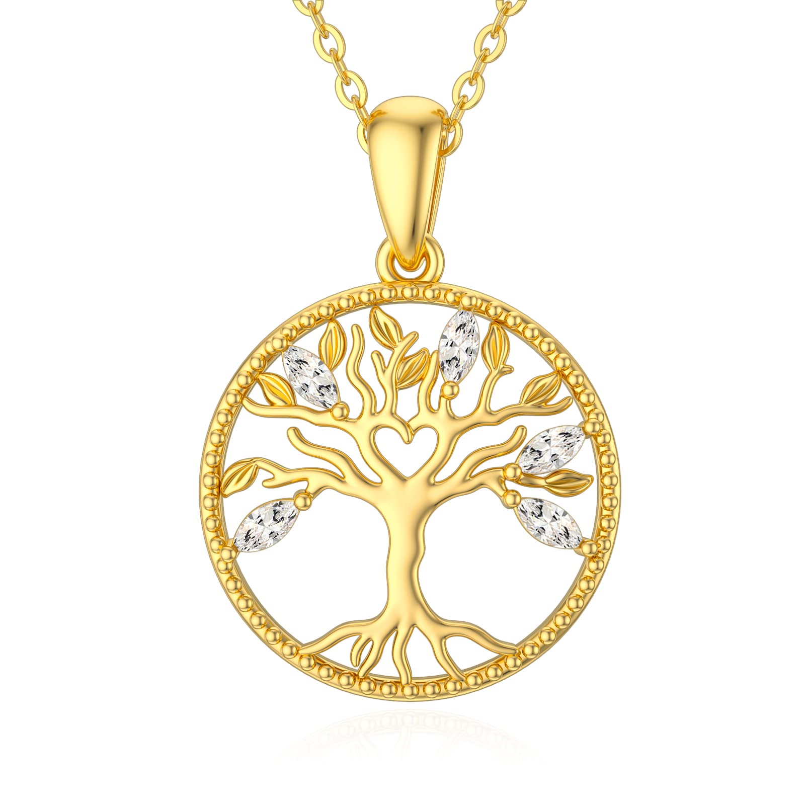 14K Solid Gold Tree of Life Necklace for Women - Elegant Family Tree Pendant with Heart Charm, 16
