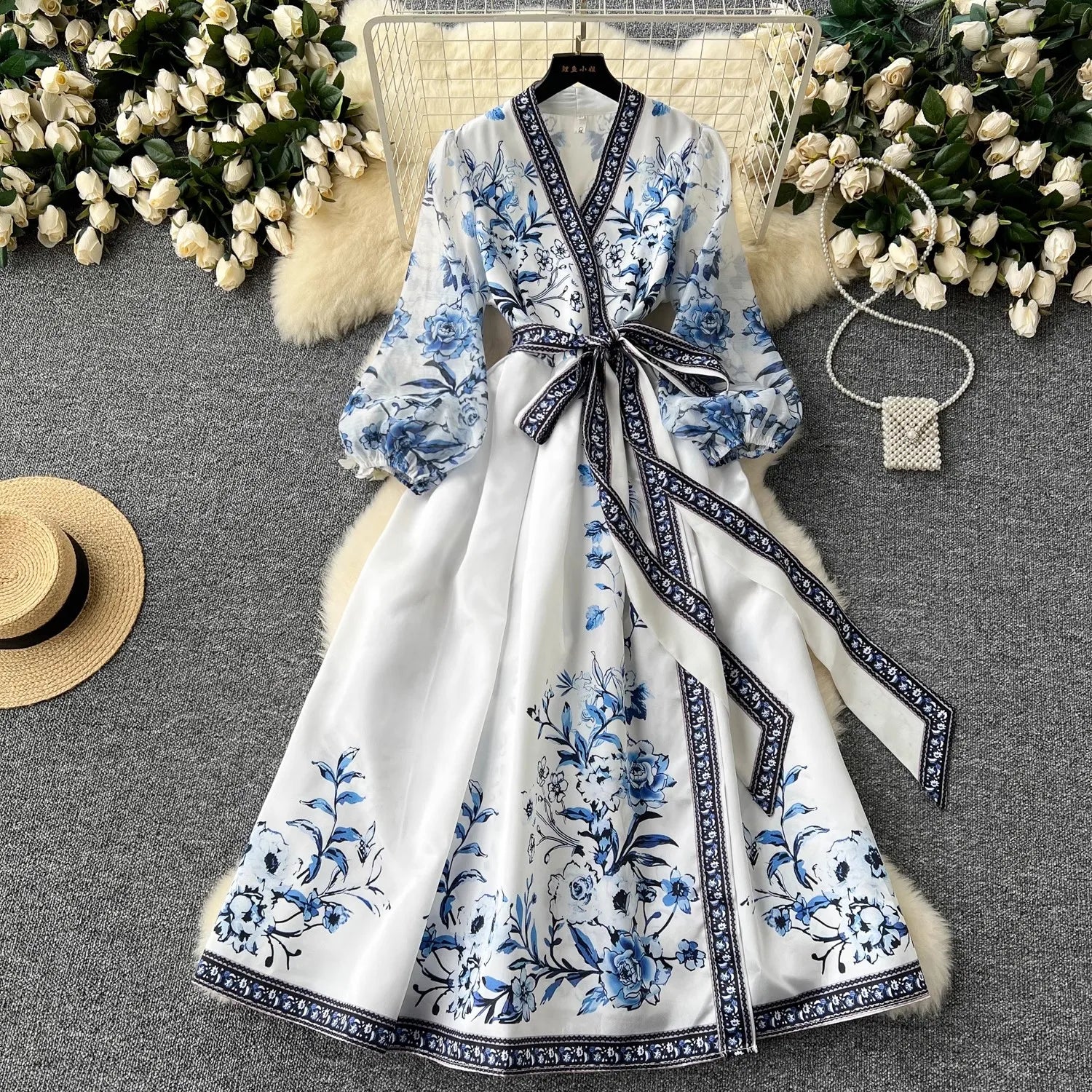 Elegant French Floral Holiday Maxi Dress for Women - V-Neck Long Lantern Sleeve Lace-Up Vintage Gown for Parties, Weddings & Special Occasions