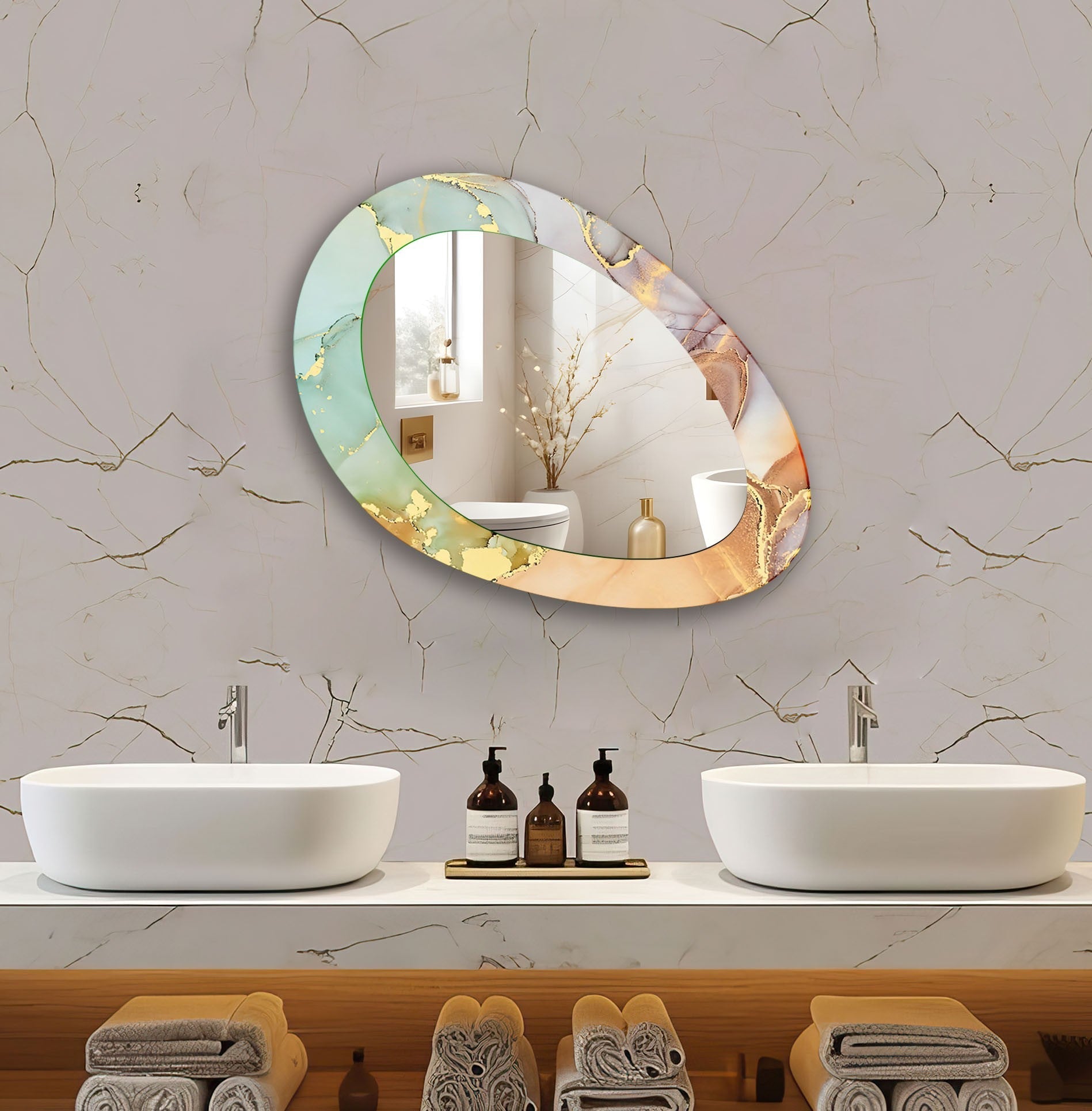 Abstract Oval Gold Wall Mirror - Elegant Home Decor for Living Room, Bedroom & Entryway - Perfect for Modern & Boho Interior Design