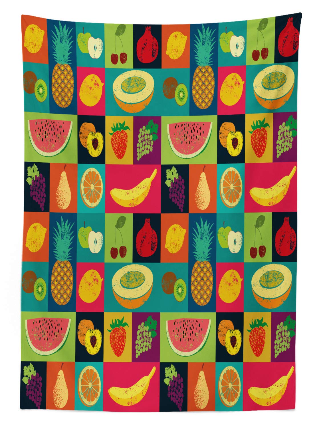 Ambesonne Retro Outdoor Tablecloth - Colorful Pop Art Fruit Print (Lemon, Grape, Pineapple, Watermelon, Cherry, Melon) - Washable Picnic Table Cover 58x84 Inches - Perfect for BBQs, Garden Parties & Outdoor Dining