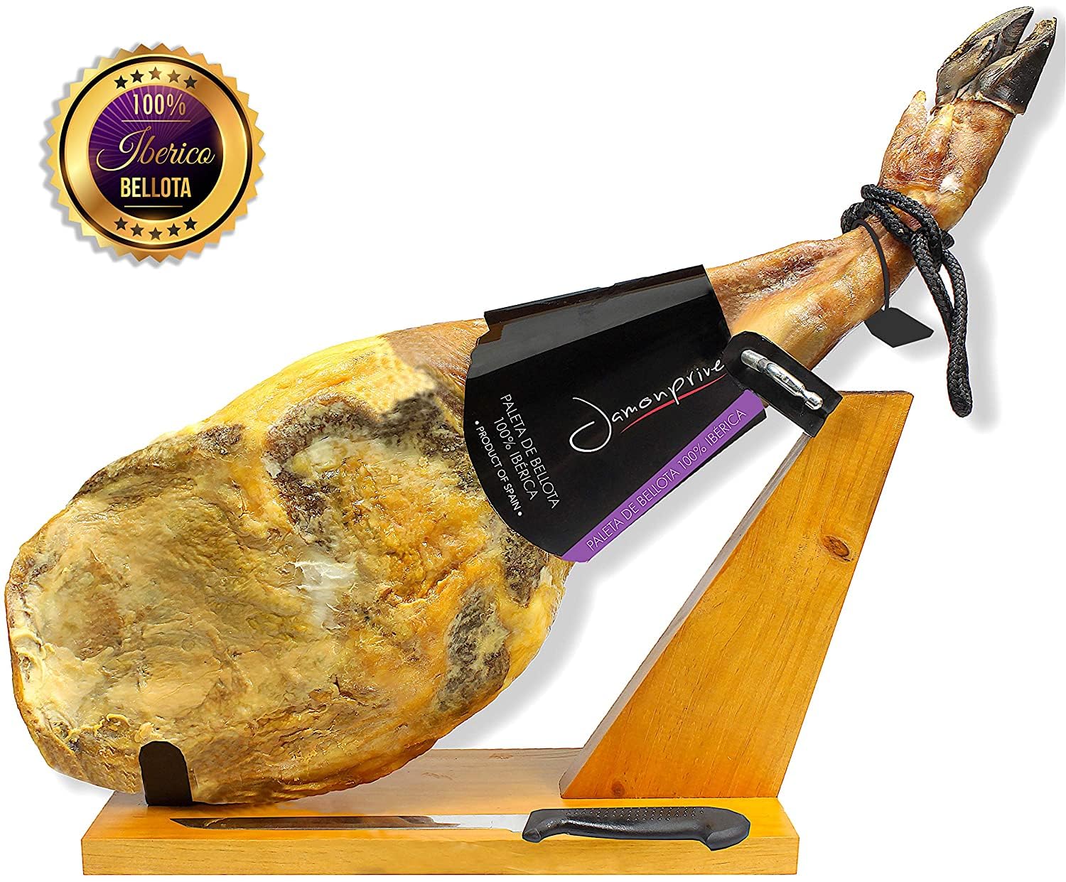 Premium Iberico Acorn-Fed Bellota Ham Shoulder Bone-In from Spain - 100% Pure Breed Pata Negra - Gluten Free (Includes Ham Stand & Knife) - Perfect for Charcuterie Boards, Gourmet Gifts & Spanish Cuisine