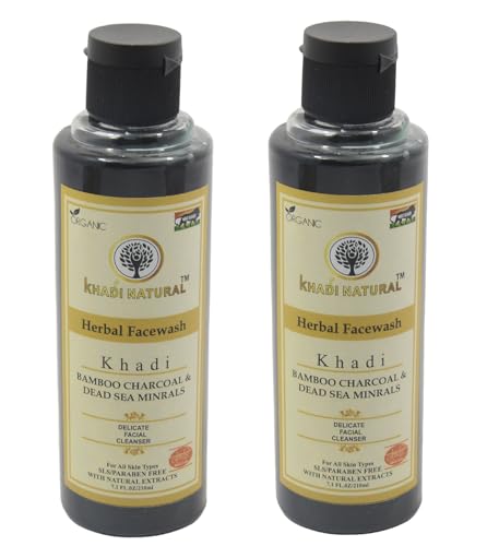 Khadi Natural Bamboo Charcoal & Dead Sea Minerals Face Wash 210ml - Deep Cleansing, Detoxifying Facial Cleanser for Clear, Glowing Skin - Pack of 2 (Charcoal) | Perfect for Daily Skincare Routine & Acne-Prone Skin