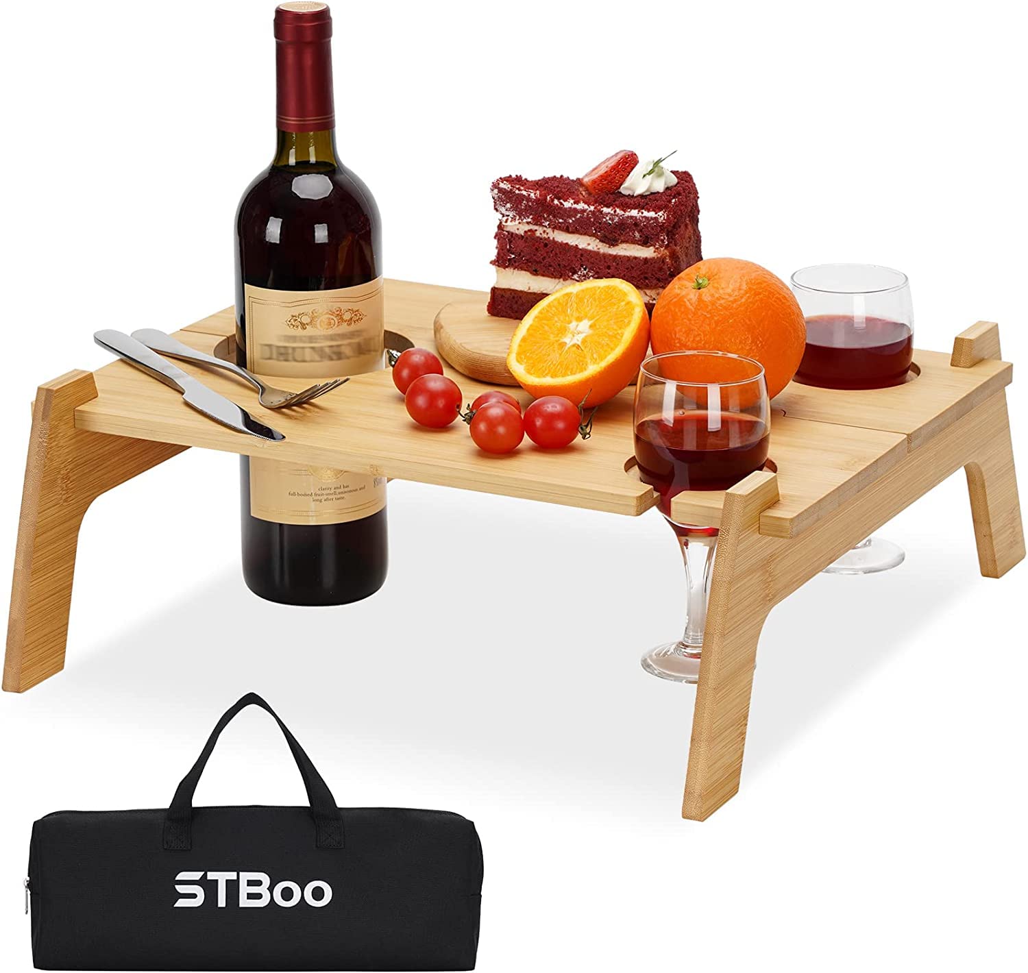 STBoo Outdoor Portable Wine Table - Lightweight Picnic Table with Wine Bottle & 2 Glass Holders | Indoor Snack Bed Table | Picnic Tray for Park, Beach, Concert | Perfect Gift for Wine Lovers | Great for Outdoor Gatherings, Camping, and Relaxing in the Backyard