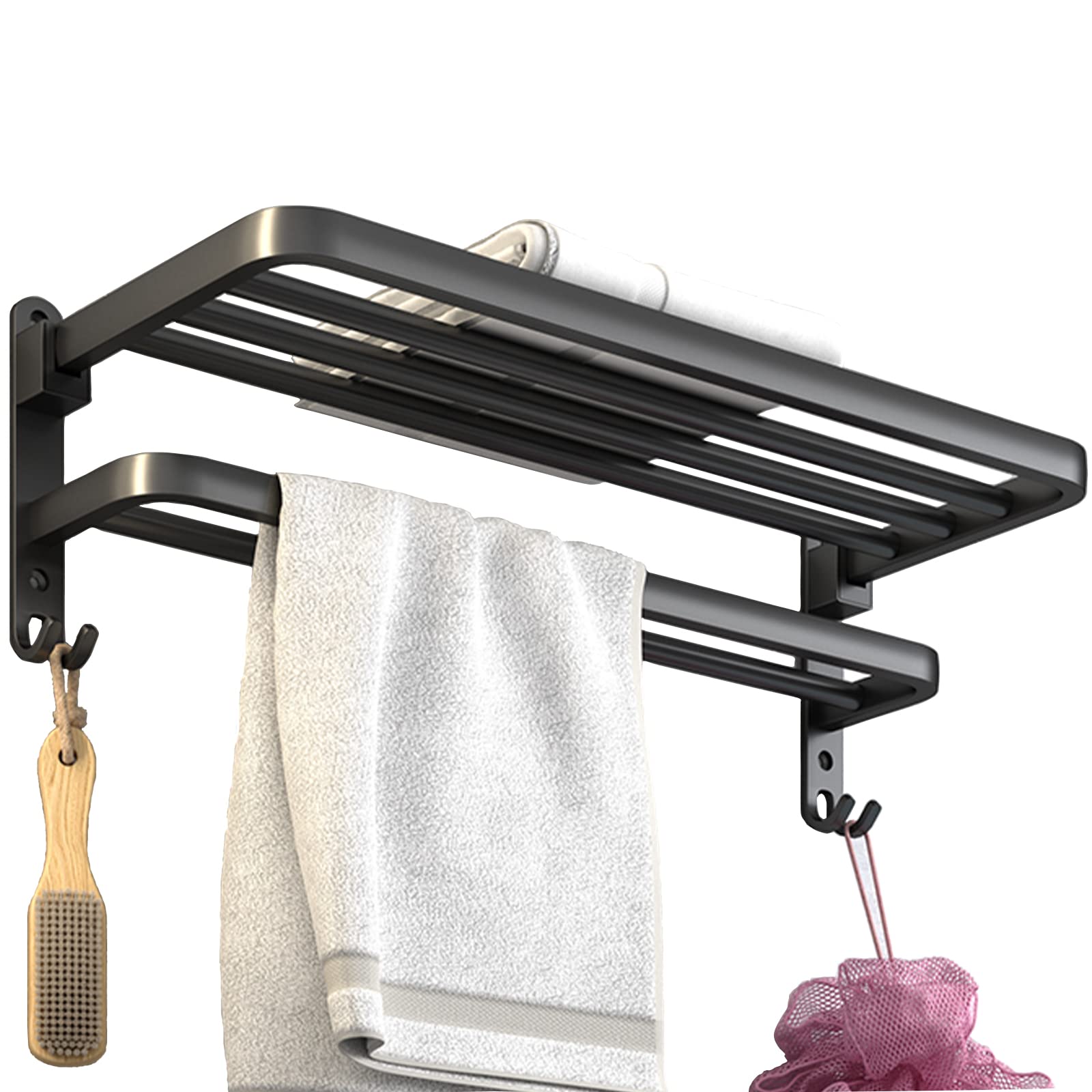 BOZWELL 20-inch Double Towel Bar with Hooks & Shelf - Matte Black Bathroom Towel Rack for Hand & Bath Towels - Perfect for Bathroom, Spa, or Laundry Room Organization