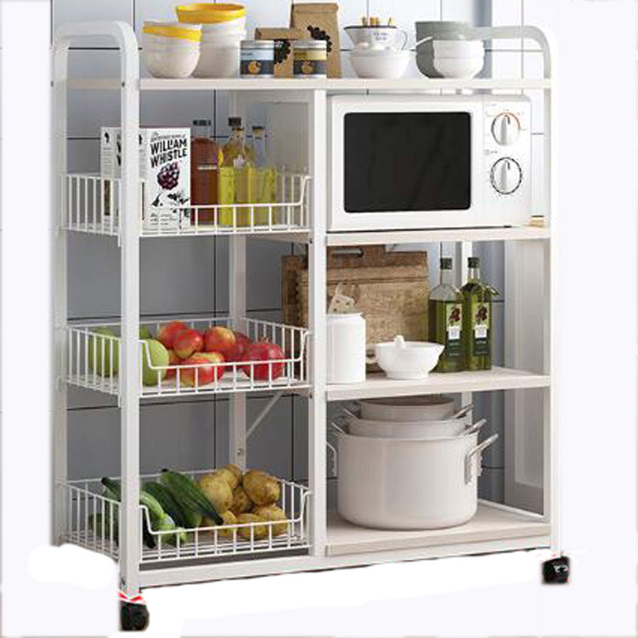 Wooden Storage Shelf with Mesh Baskets - 4-Tier Rolling Kitchen Cart with 360° Wheels & Slide-Out Drawers (31.5x11.8x40.9in, White) | Space-Saving Organizer for Pantry, Bathroom, or Laundry Room