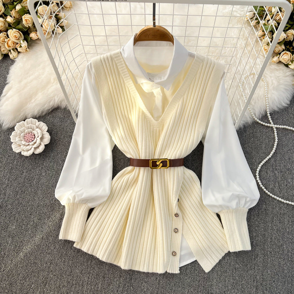 Stylish Autumn & Winter White Knit Vest & Loose Shirt Two-Piece Set with Side Slit - Perfect for Layering, Office Wear & Casual Outfits