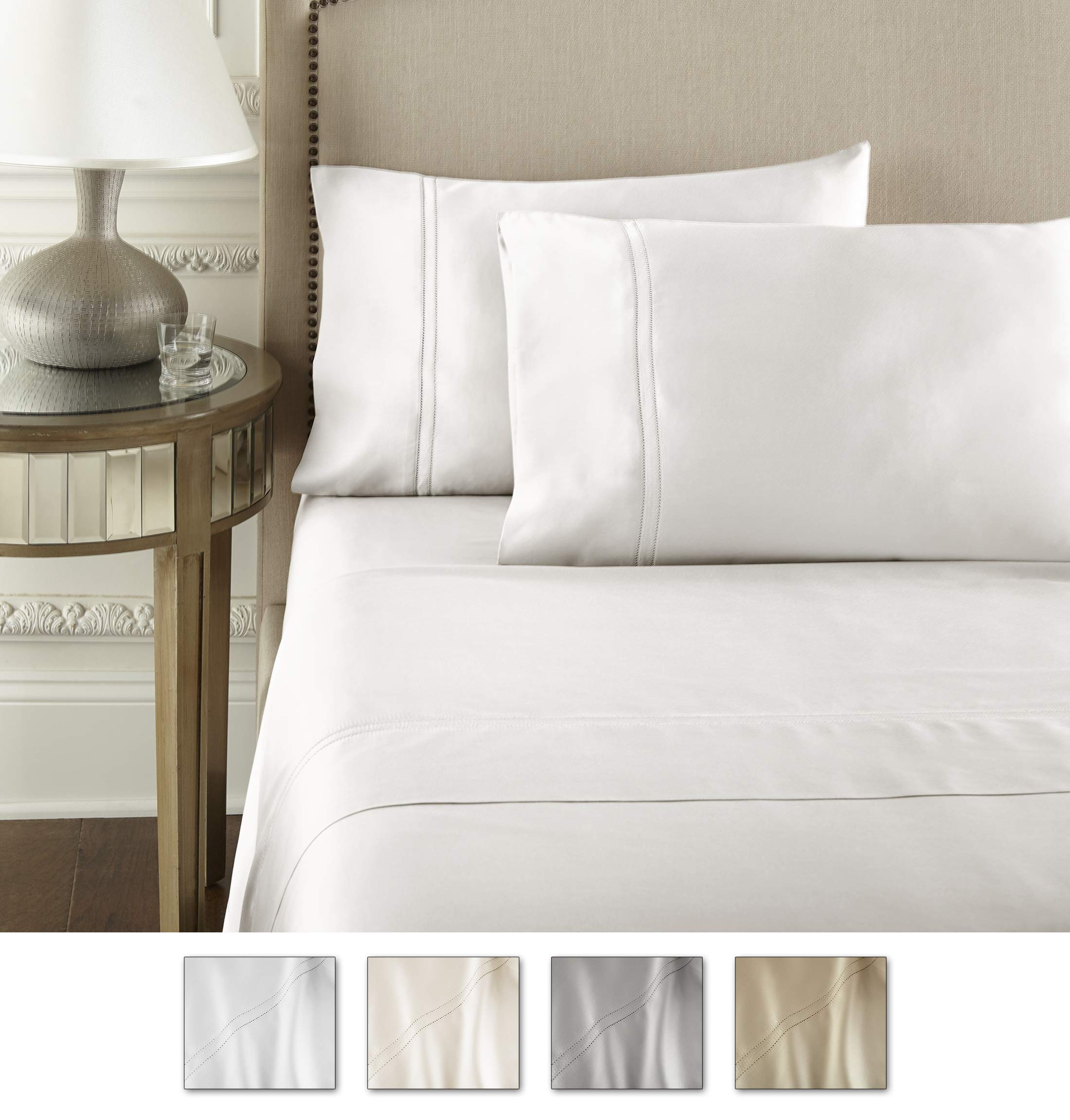 Pure Parima Luxury 100% CEA Certified Egyptian Cotton Sheet Set - Extra-Long Staple, Cool & Breathable Bedding - Ultra Soft Full Size Sheets with Double Hem-Stitched Flat Sheet, Fitted Sheet & 2 Pillowcases (White) - Perfect for Hot Sleepers & Luxury Bedroom Decor