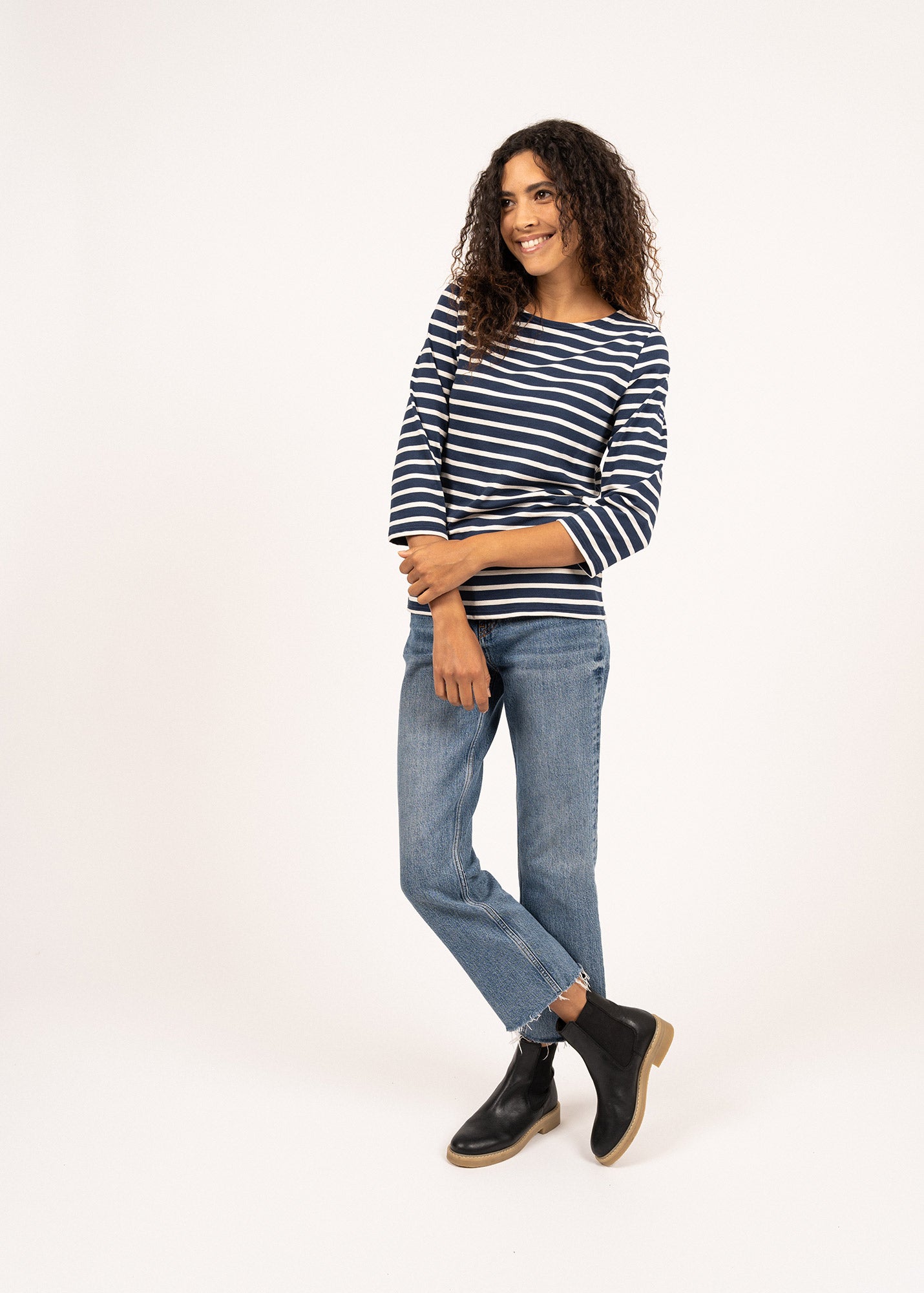 GALATHEE II Women's Breton Striped 3/4 Sleeve Top | Soft Cotton Crewneck Shirt | Navy & Ecru Stripes | Casual Wear, Weekend Outfits & Layering Essentials