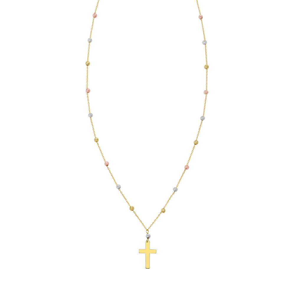 14K Gold Beaded Cross Necklace for Women - Elegant Religious Jewelry Gift for Baptism, Confirmation & Church Events