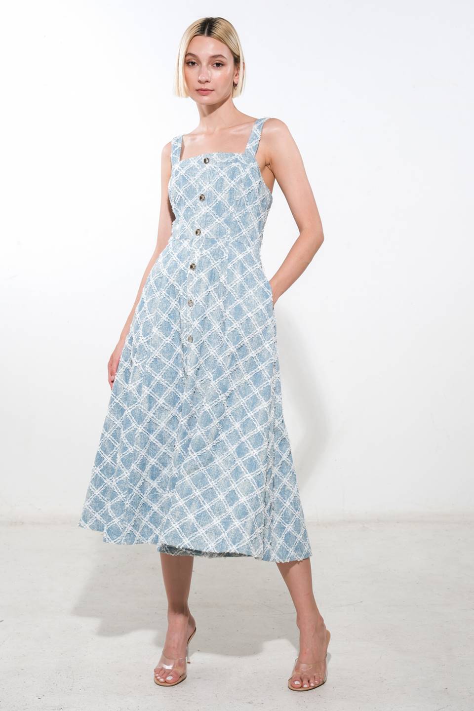Textured Light Denim Midi Dress for Women - Casual Boho Chic Style - Perfect for Summer Outings, Beach Vacations & Date Nights