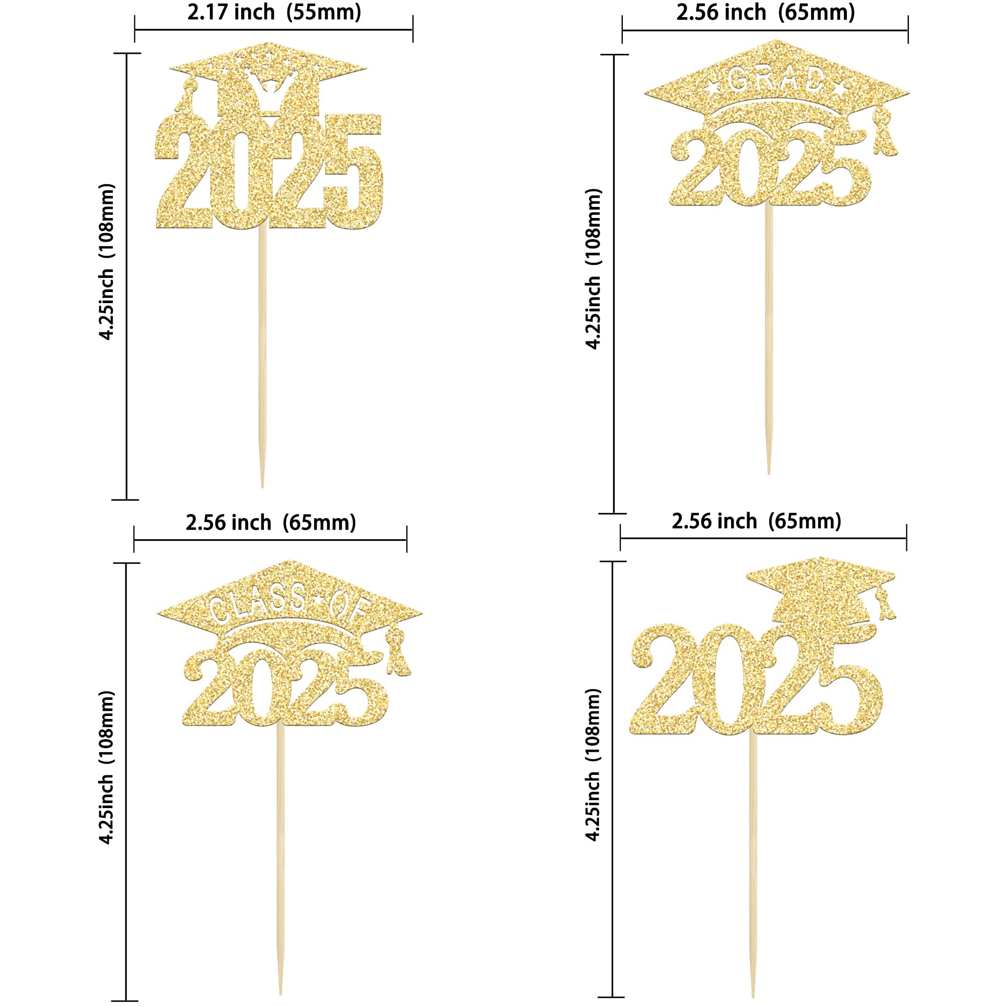 24 Pack Gold Glitter 2025 Graduation Cap Cupcake Toppers - Class of 2025 Grad Cap Cake Decorations for Graduation Party, Birthday, School Celebrations & Dessert Decor