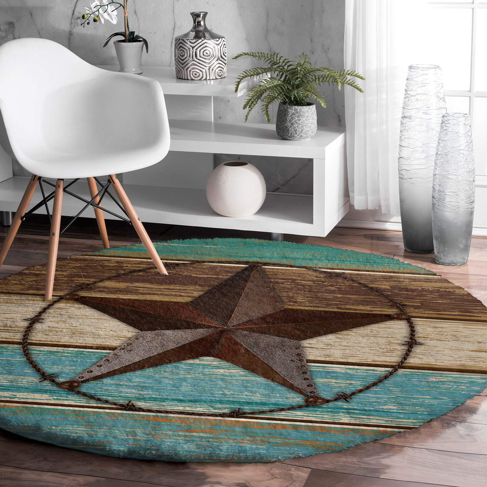 Fluffy Round Area Rug 4ft - Western Texas Star Design, Plush Shaggy Soft Circular Carpet, Non-Slip Fuzzy Accent Floor Mat for Living Room, Bedroom, Nursery - Home Decor in Teal & Brown (Perfect for Cozy Spaces, Kids Play Areas & Western-Themed Interiors)